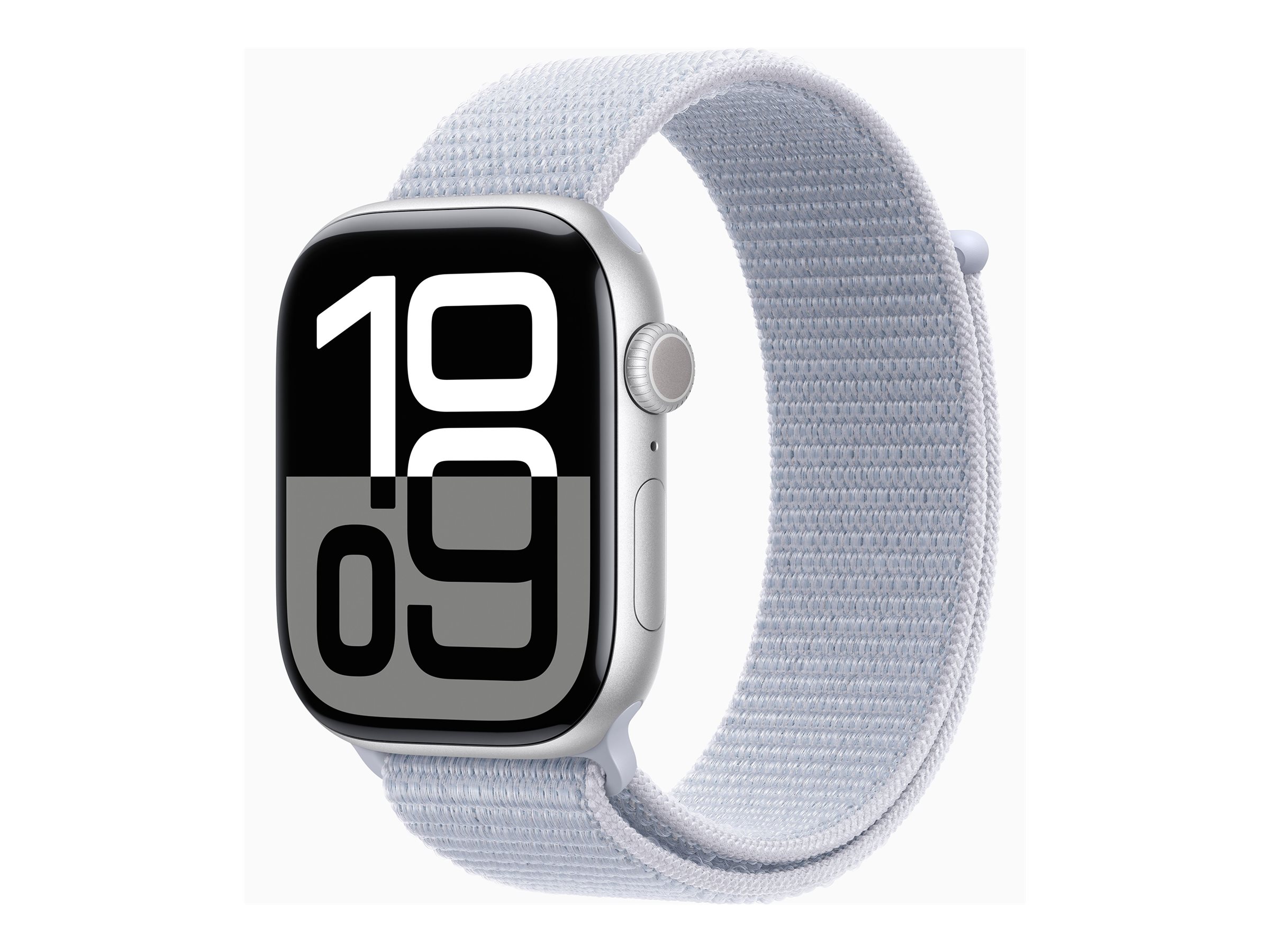 Apple Watch Series 10 (GPS + Cellular) - 46 mm - sølvaluminium - smart ur med sportsløkke - blød dobbeltlagsnylon - blå sky - håndledsstørrelse: 130-200 mm - 64 GB - LTE, Wi-Fi 4, UWB, Bluetooth - 4G - 35.3 g