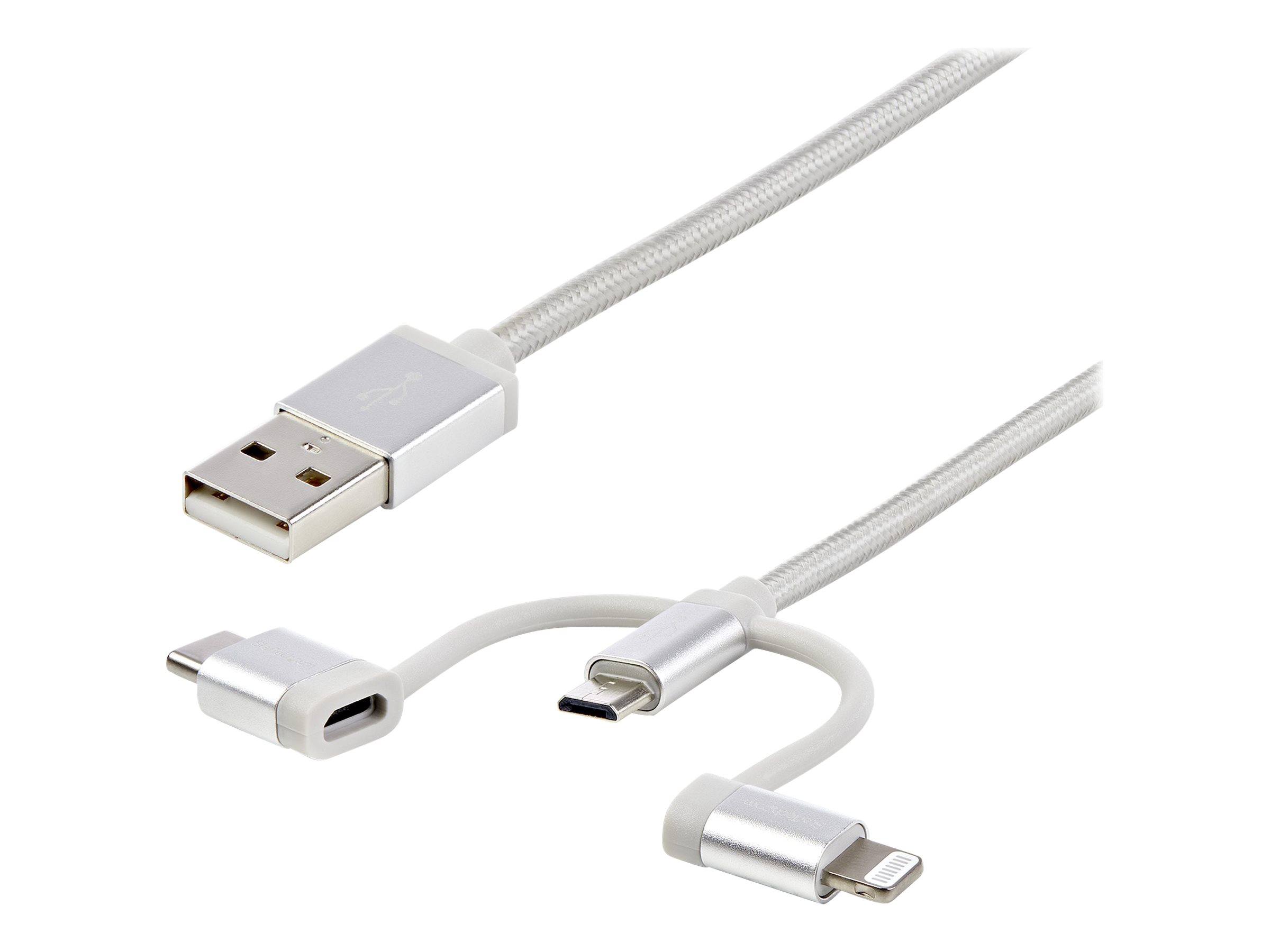 StarTech.com USB Multi Charging Cable - 3.3 ft / 1m - Lightning / USB-C / Micro-USB - Braided - MFi Certified - USB 2.0 - 3 in 1 Charging (LTCUB1MGR)