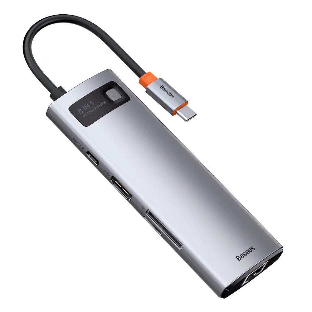 Baseus Hub 8in1 Metal Gleam Series USB-C to 3x USB 3.0 + HDMI + USB-C PD + Ethernet RJ45 + microSD/SD USB hub - USB 3.0 - 7 ports - Grå