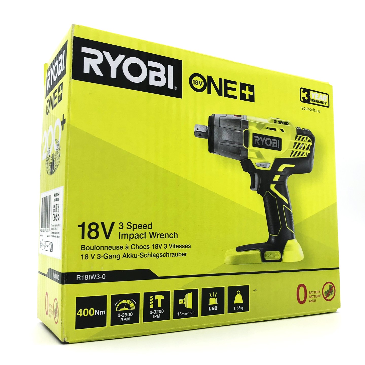 Ryobi One+ R18IW3-0 - Stødnøgle - ledningfri - 3-hastigheders - 1/4 hexsokkel, 1/2 kvadratisk drev - 400 N·m - intet batteri - 18 V