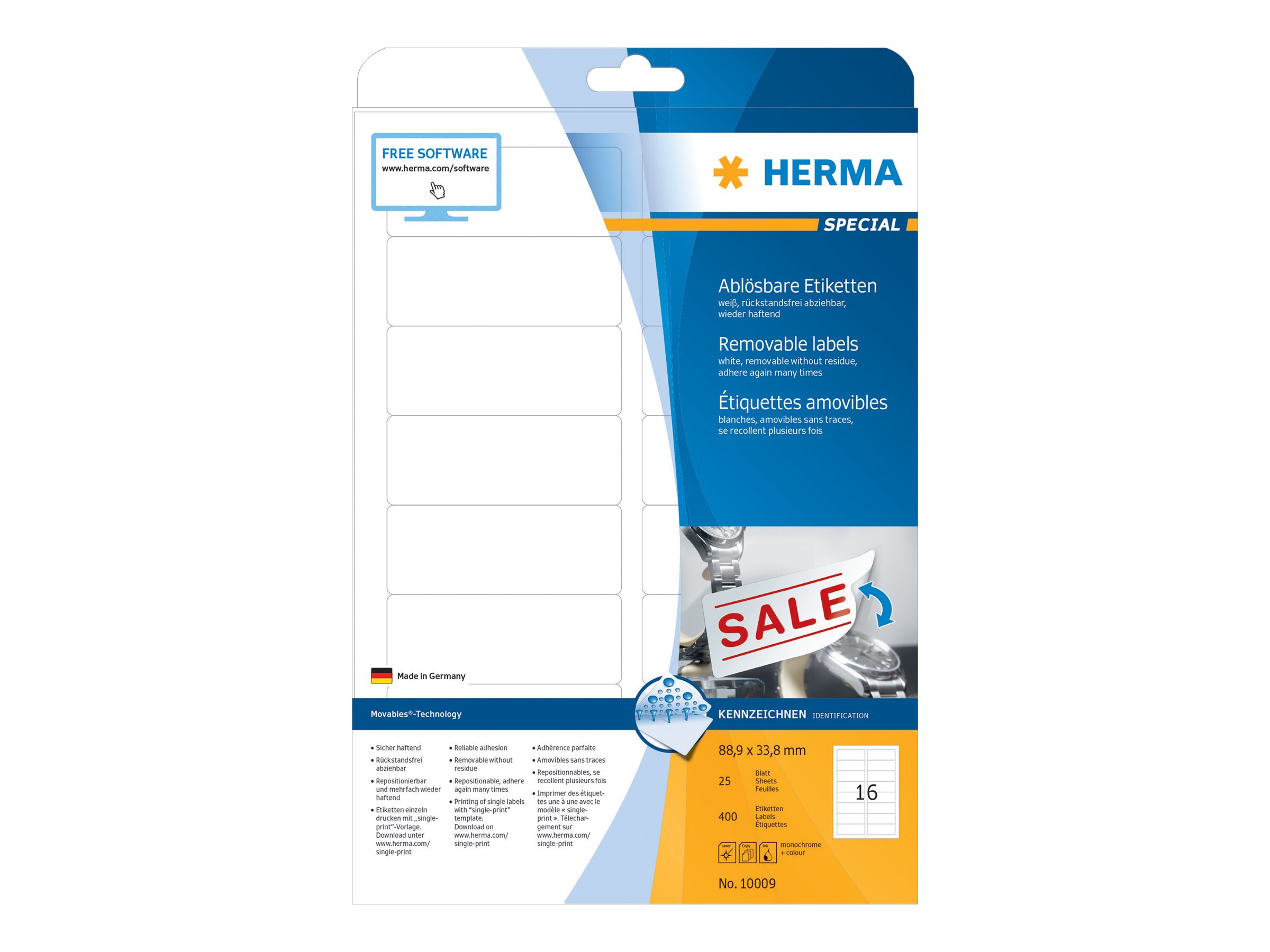 HERMA Special - Papir - mat - aftagelig selvklæbende - hvid - 88.9 x 33.8 mm 400 etikette(r) (25 ark x 16) etiketter