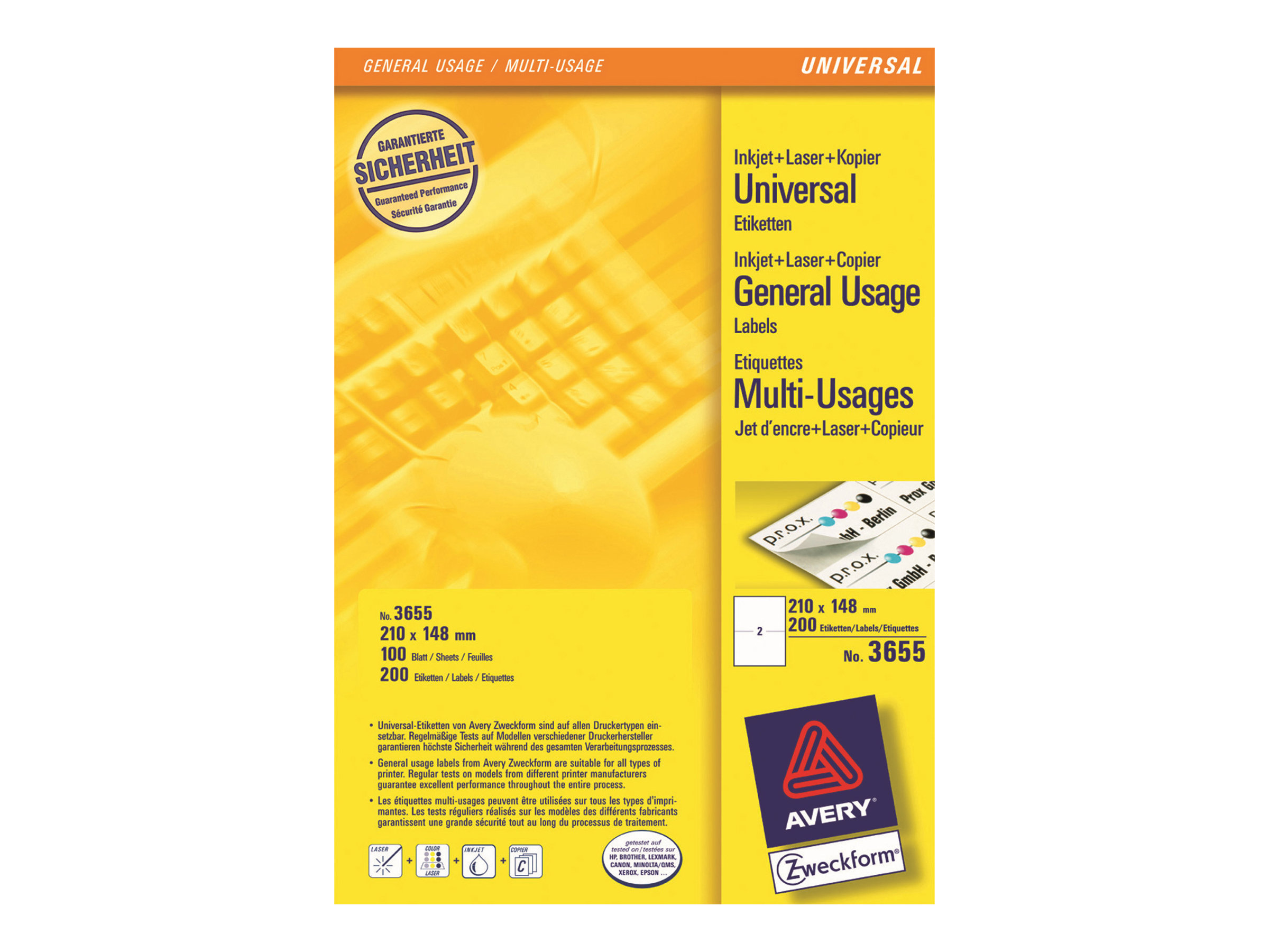 Avery - Hvid - 210 x 148 mm 200 etikette(r) (100 ark x 2) etiketter til flere formål