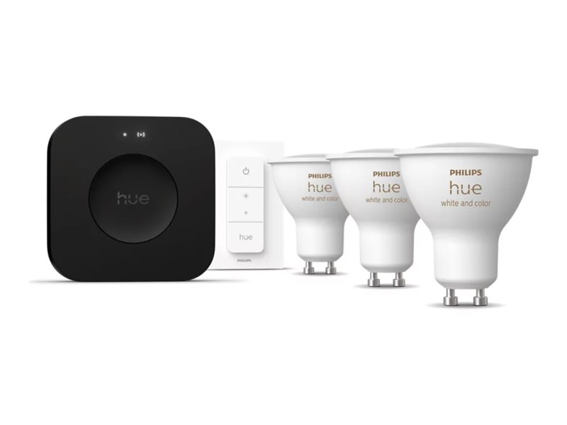 Philips Hue White and Color Ambiance Startsæt - 3 x GU10 pærer (400lm) + Dimmer switch + Bridge Pro