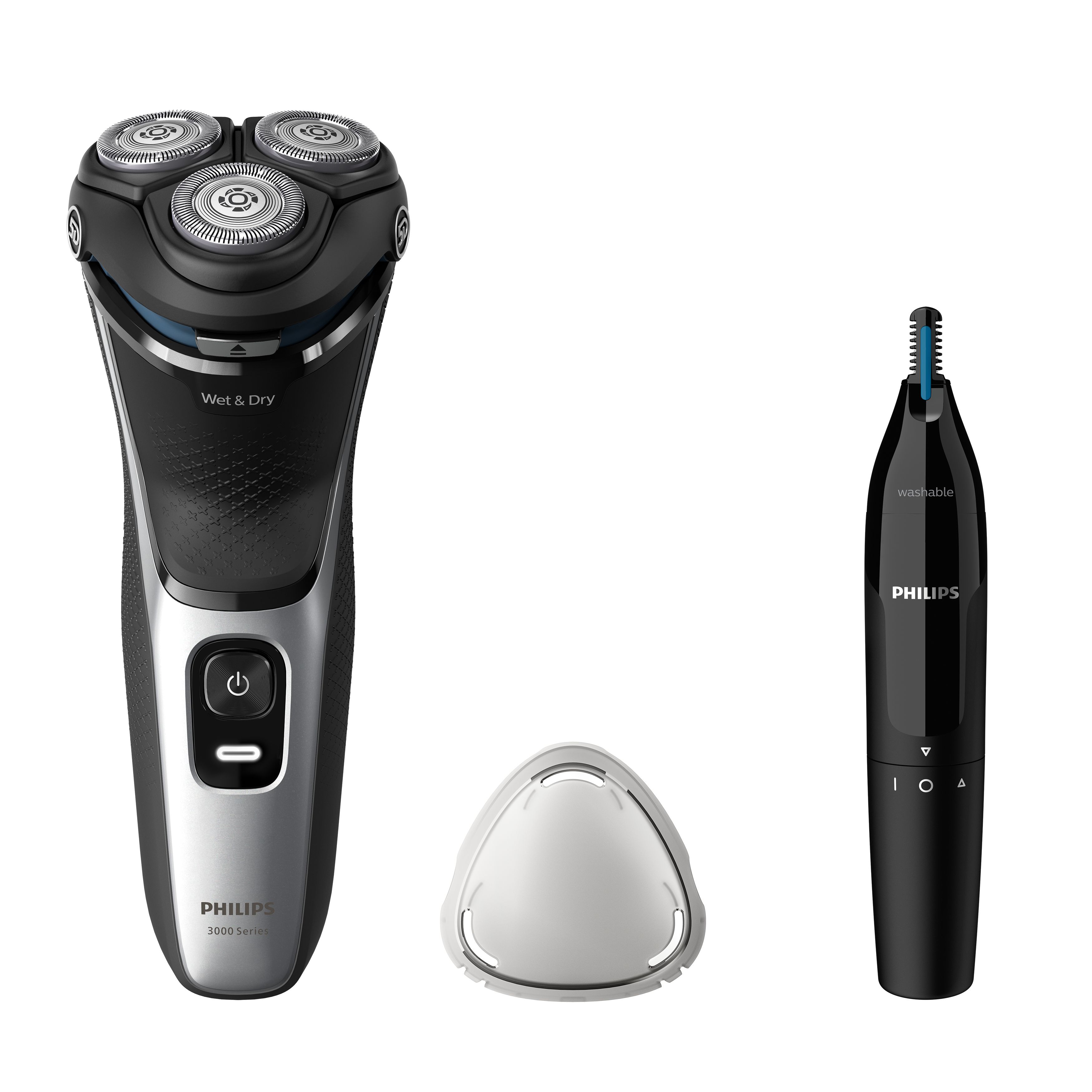 Philips Shaver 3000 Series S3143/02 Elektrisk shaver til våd og tør barbering, Rotations shaver, Sort, Sølv, PowerCut blade system, SH30, 2 År, Batteri