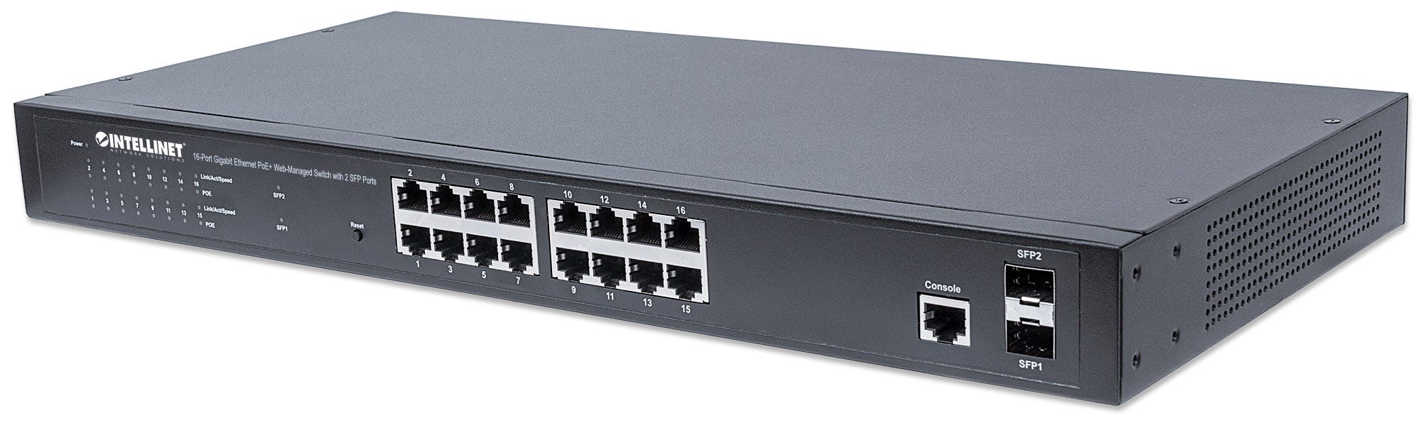 Intellinet Web-Managed 2 SFP Ports, 16 x ports, IEEE 802.3at/af Power over ( / ), 2 x SFP, Endspan, 19 Rackmount" Switch 16-porte Gigabit PoE+