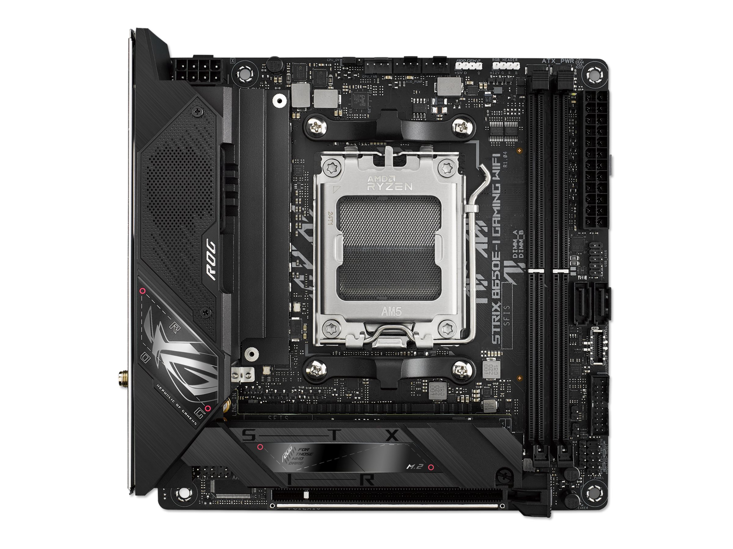 ASUS ROG Strix B650E-I Gaming WiFi - Bundkort - mini ITX - Socket AM5 - AMD B650 Chipset - USB-C 3.2 Gen 2x2, USB-C 3.2 Gen2, USB 3.2 Gen 2, USB 3.2 Gen 1 - 2.5 Gigabit LAN, Wi-Fi 6E - onboard grafik (CPU påkrævet) - HD Audio (8-kanaler)
