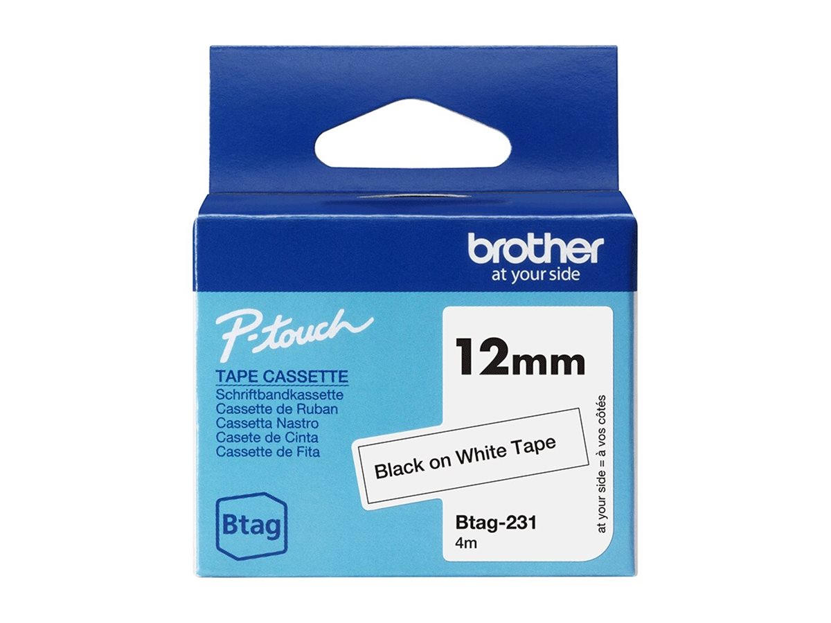 Original Brother Btag-231 tape - sort på hvid, 12 mm bred, ulamineret