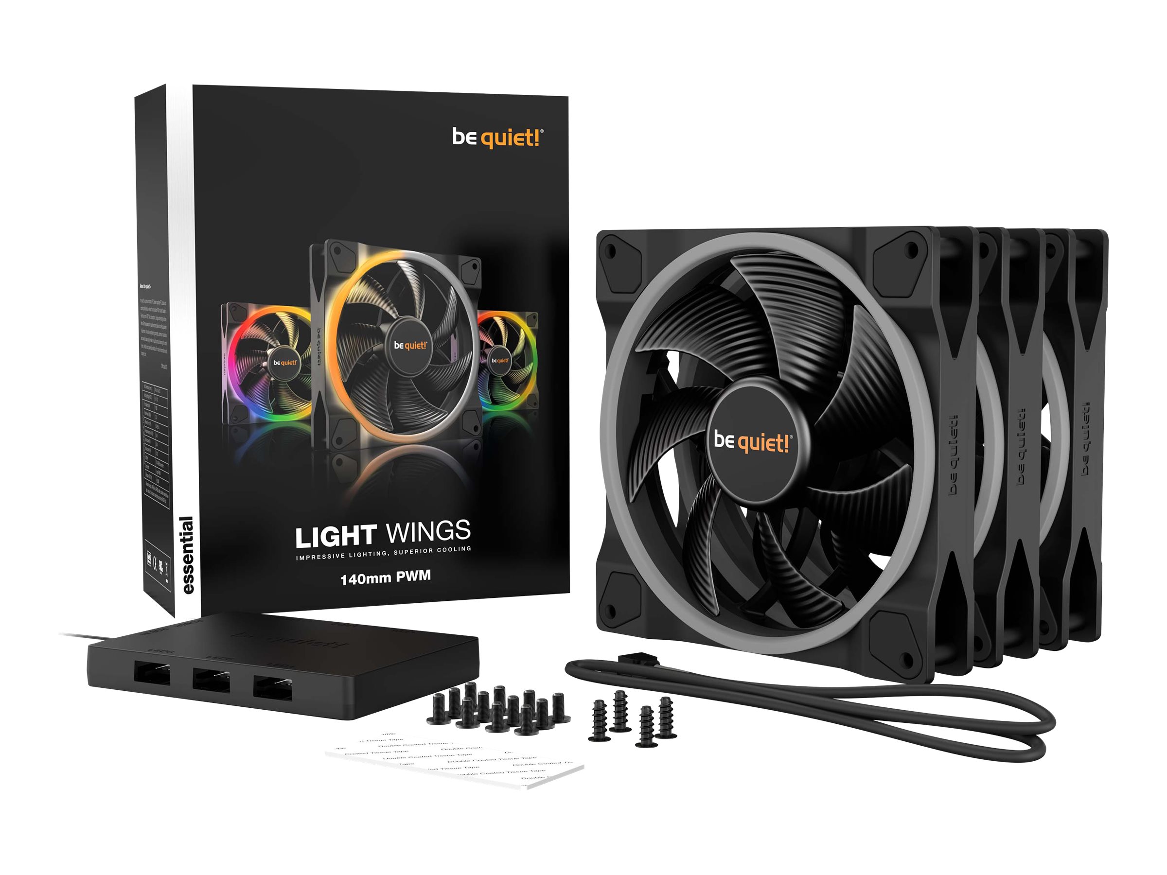 be quiet! LIGHT WINGS 140mm PWM - triple pack - Kabinet køler - 140mm - Sort med RGB LED lys - 23 dBA