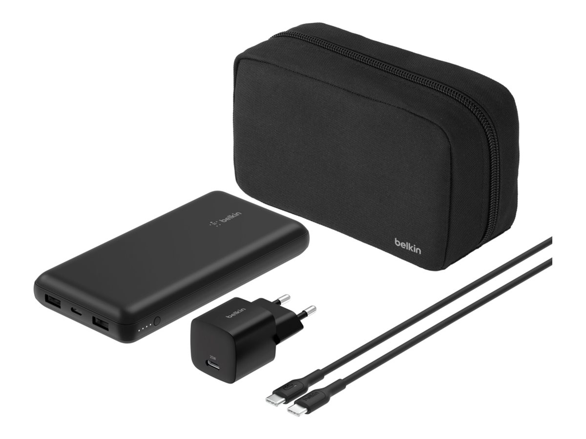 Belkin BoostCharge power bank - + AC power adapter - 24 pin USB-C 2 x USB - with zippered pouch case Powerbank - Sort - 20000 mAh