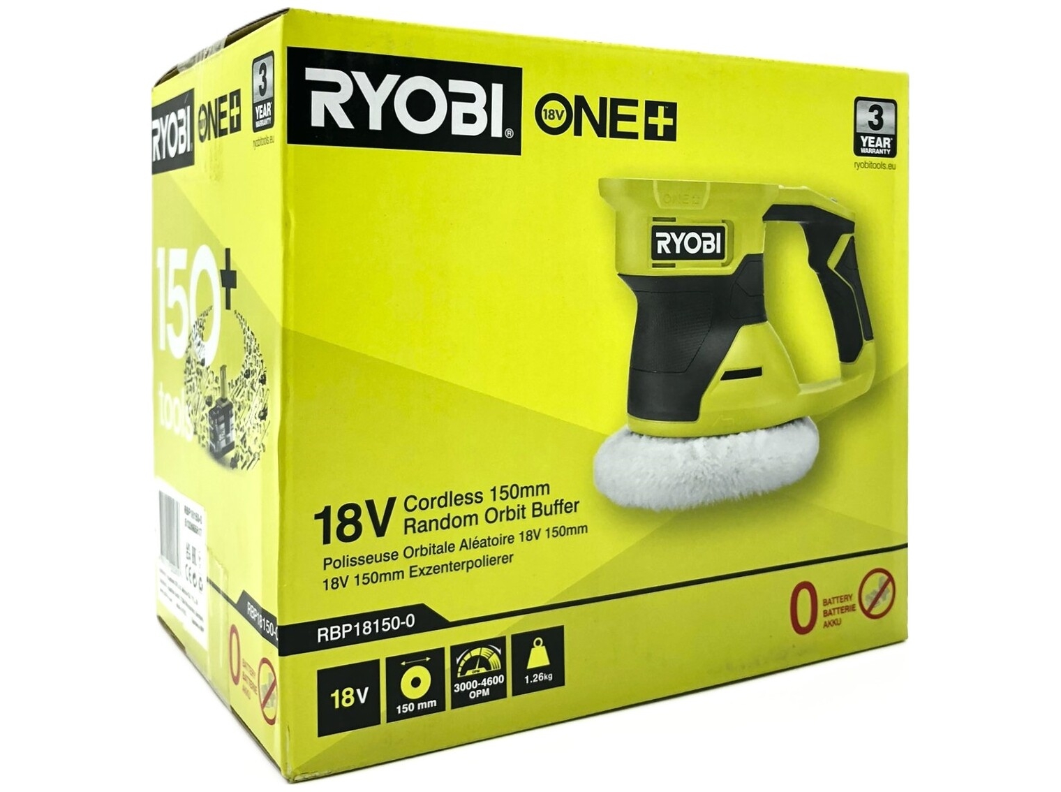 Ryobi RBP18150-0, Roterende bilpolermaskine, 4600 rpm, Gul, 1,26 kg, Batteri