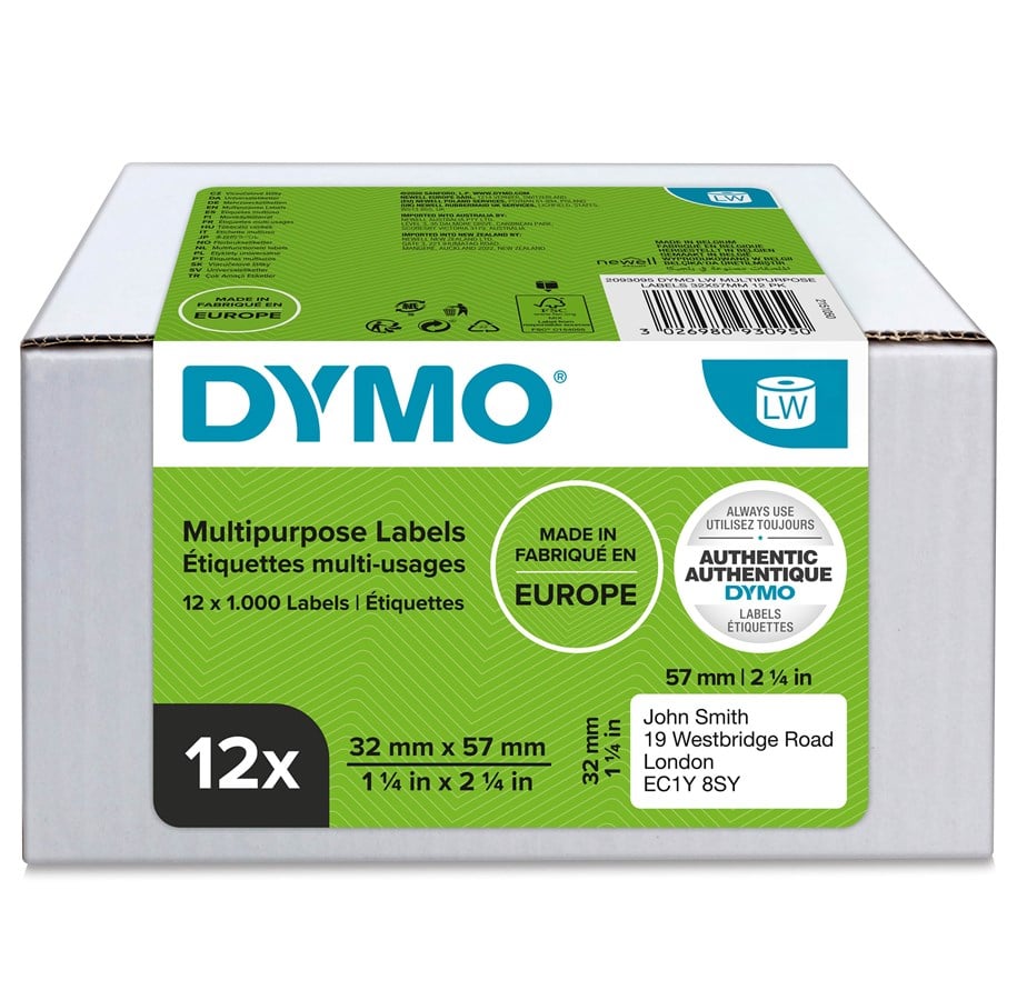 DYMO LabelWriter - Papir - selv-klæbende - hvid - 32 x 57 mm 12000 rulle(r) (12 rulle(r) x 1000) etiketter til flere formål