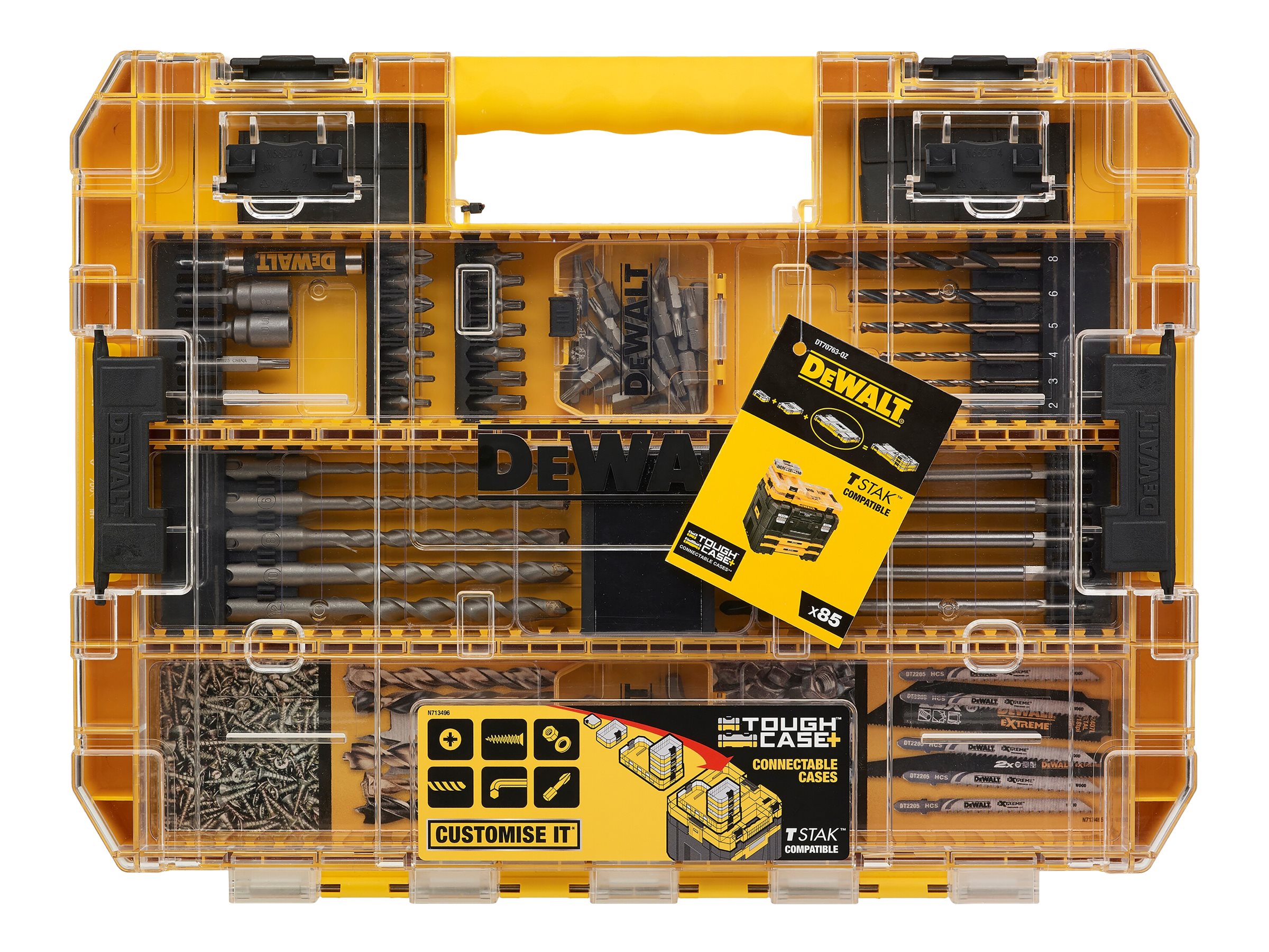 DeWALT DT70763-QZ - Skruetrækker og borebitsæt - for træ, metal, murerarbejde - spadebit, hammerbit - 85 stykker - torx, phillips - 8 mm, 10 mm - SDS-plus, kvadratisk, cylindrisk - længde: 50 mm, 25 mm, 160 mm