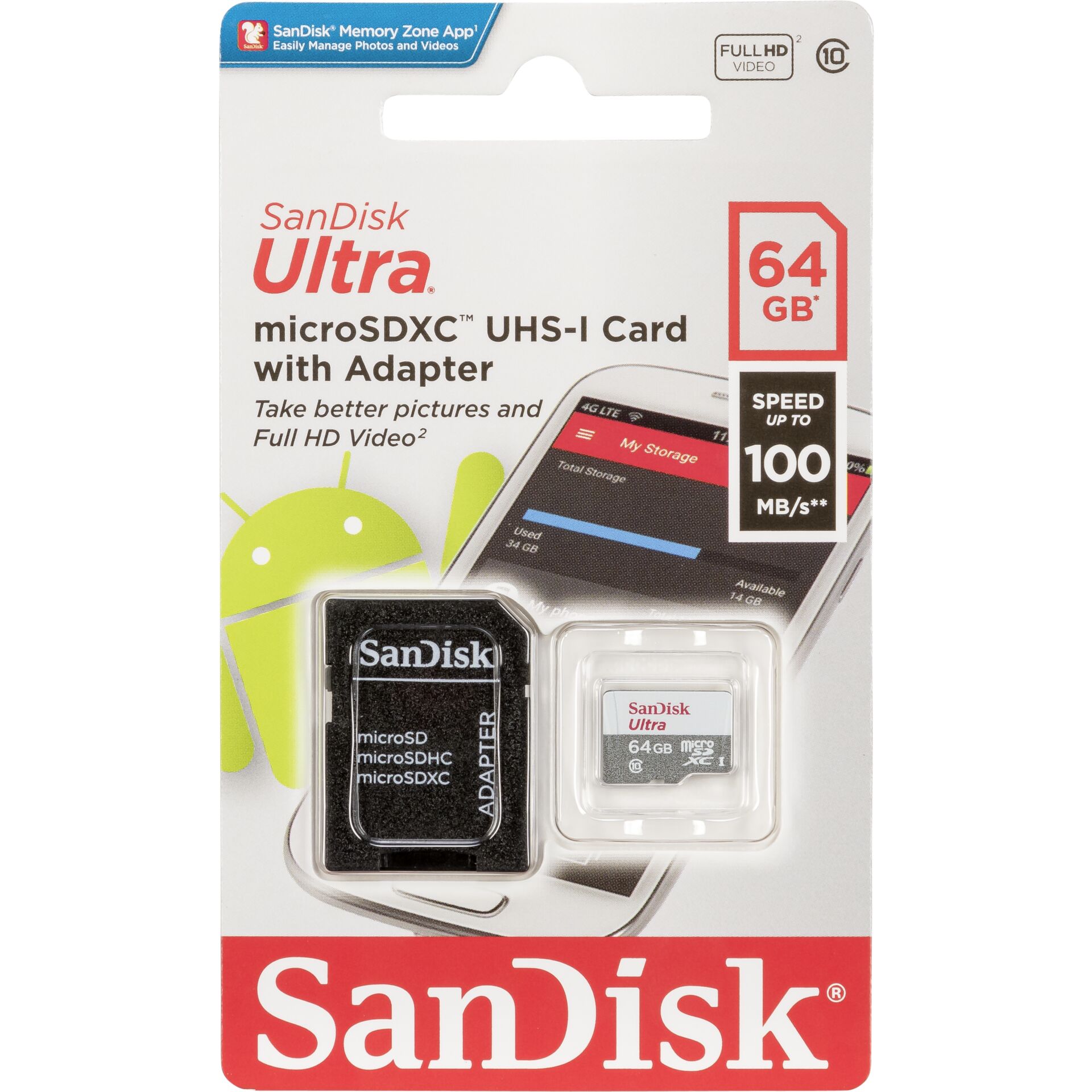 SanDisk Ultra - Flashhukommelseskort (microSDHC til SD adapter inkluderet) - 64 GB - Class 10 - microSDXC UHS-I
