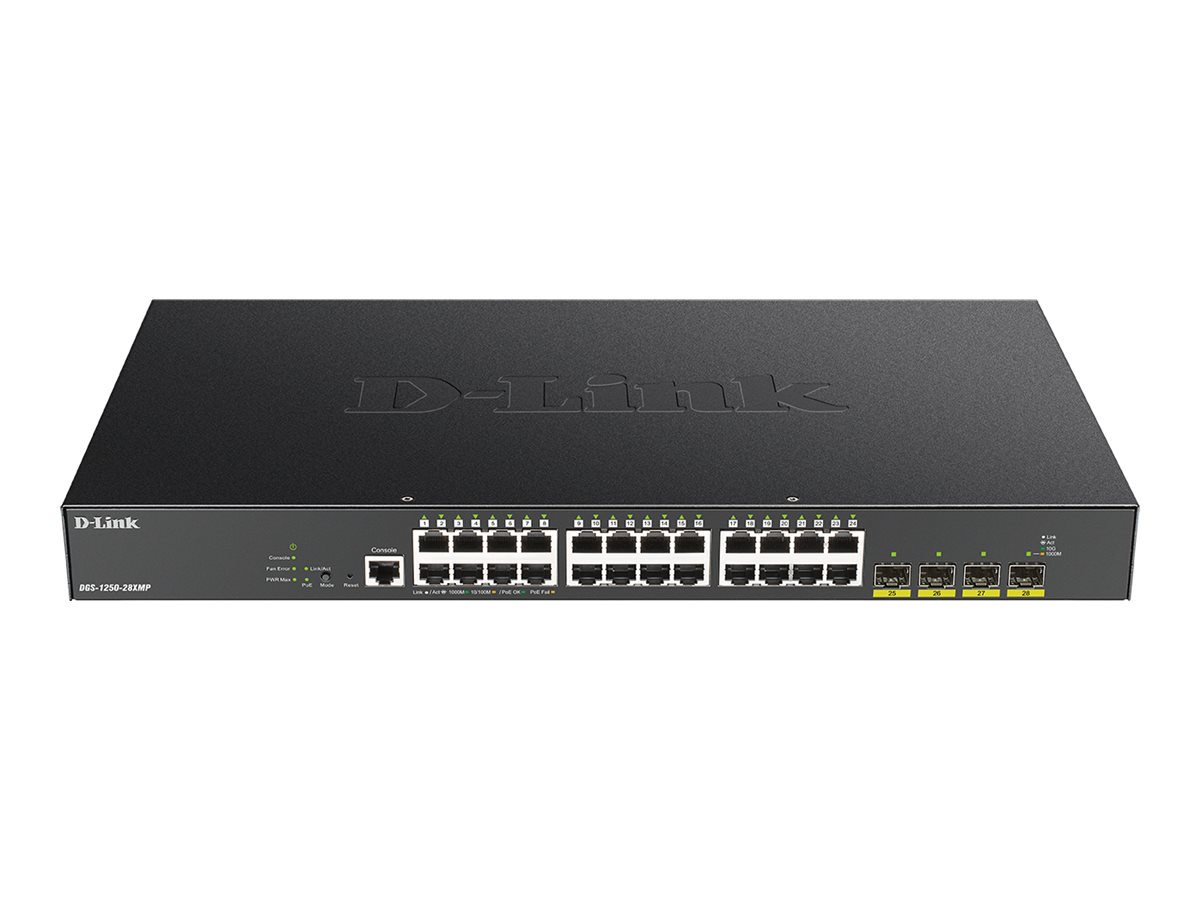 D-Link DGS 1250-28XMP - Switch - L3 Lite - smart - 24 x 10/100/1000 (PoE) + 4 x 10 Gigabit SFP+ - monterbar på stativ - PoE (370 W)