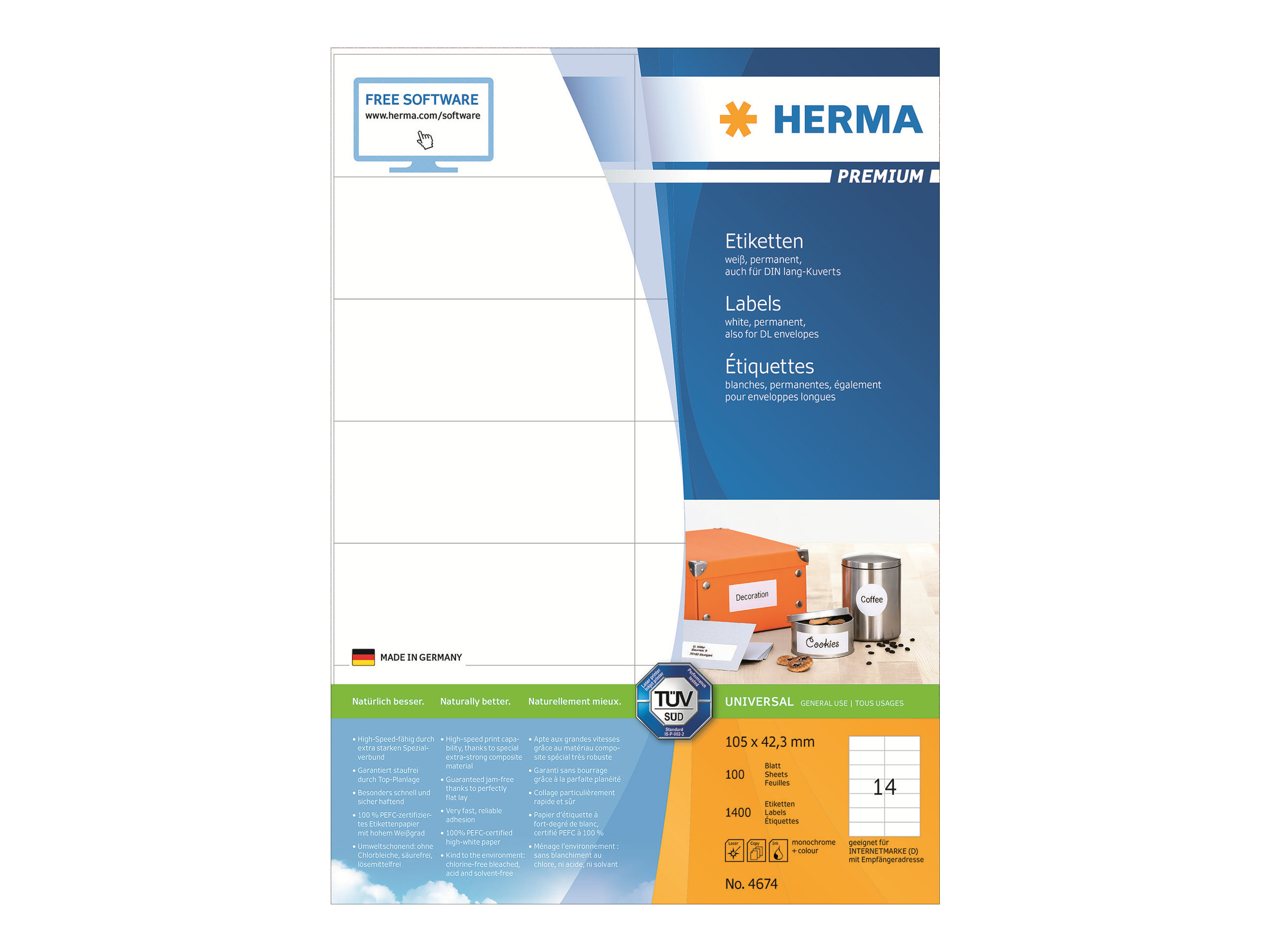 HERMA Premium Laminerede etiketter 105 x 42.3 mm 1400etikette(r)