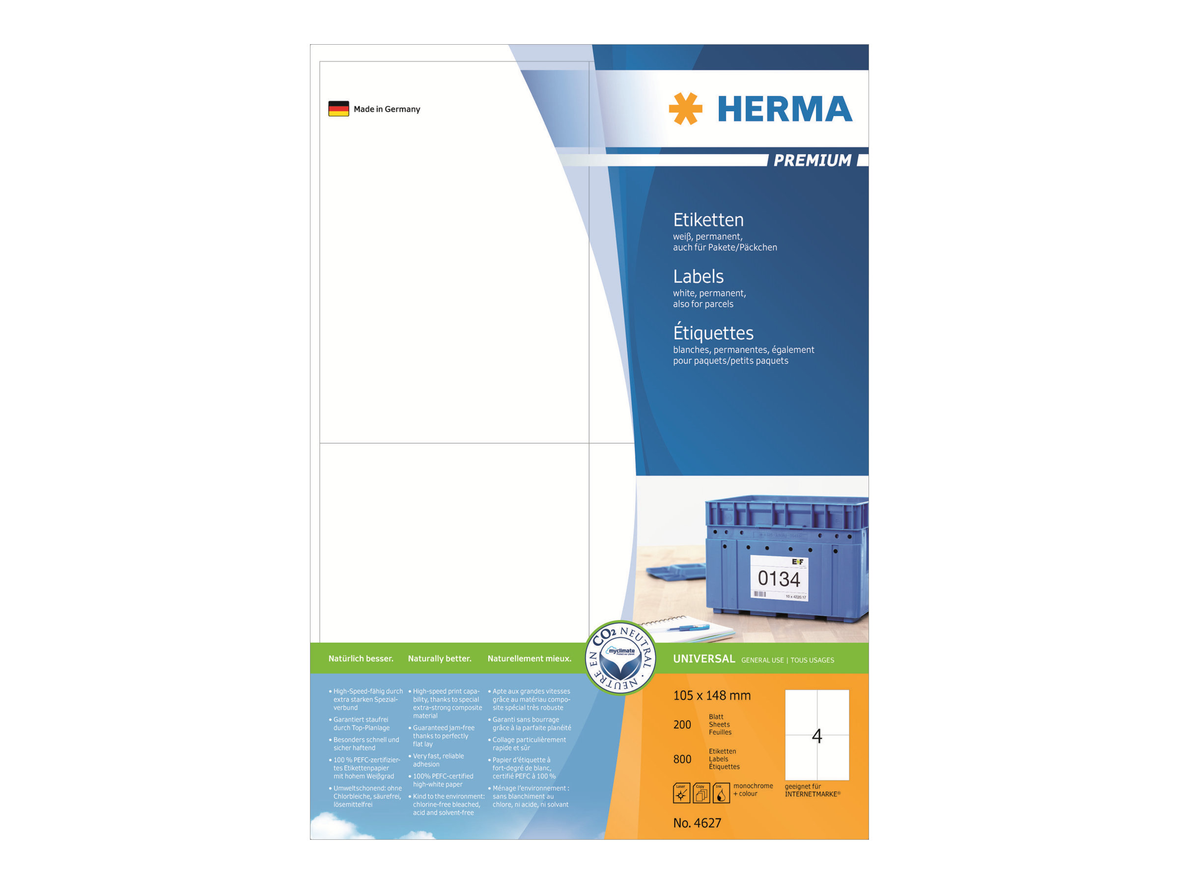 HERMA Premium Laminerede etiketter A6 (105 x 148 mm) 800etikette(r) 4627