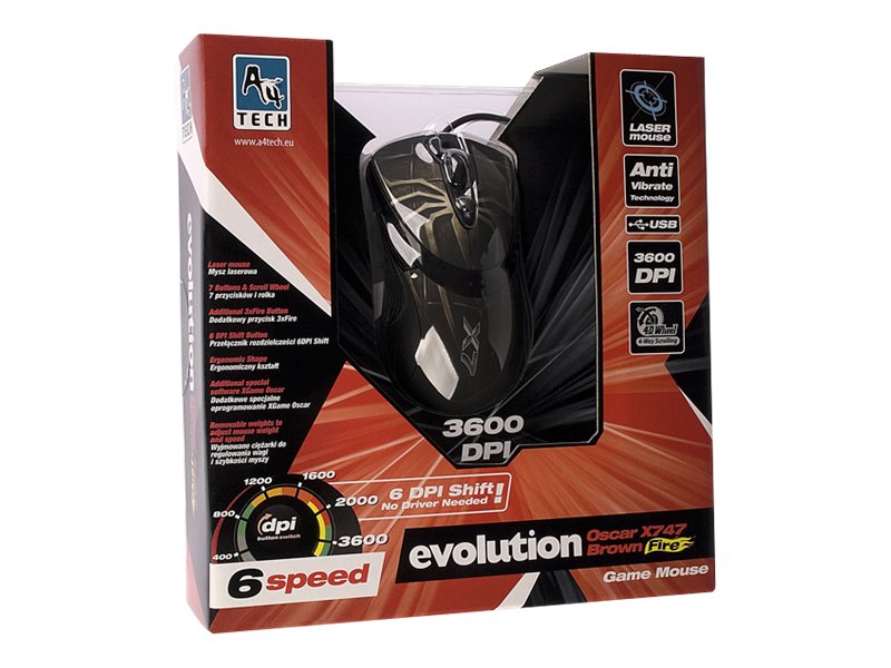 A4Tech EVO XGame Laser Oscar X747 Brown Fire - Mus - Laser - 7 knapper