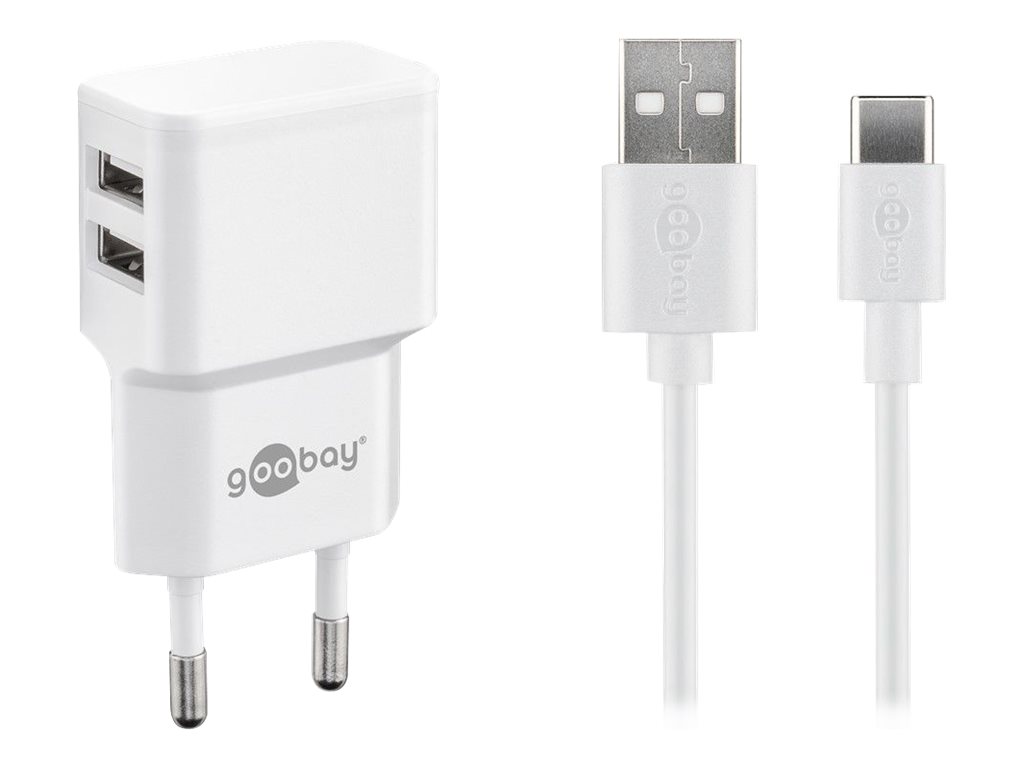 Goobay USB-C™ Dual laddningssats (12 W) Strömförsörjning med 2x USB-uttag och USB Type-C™ 1 m kabel (vit)