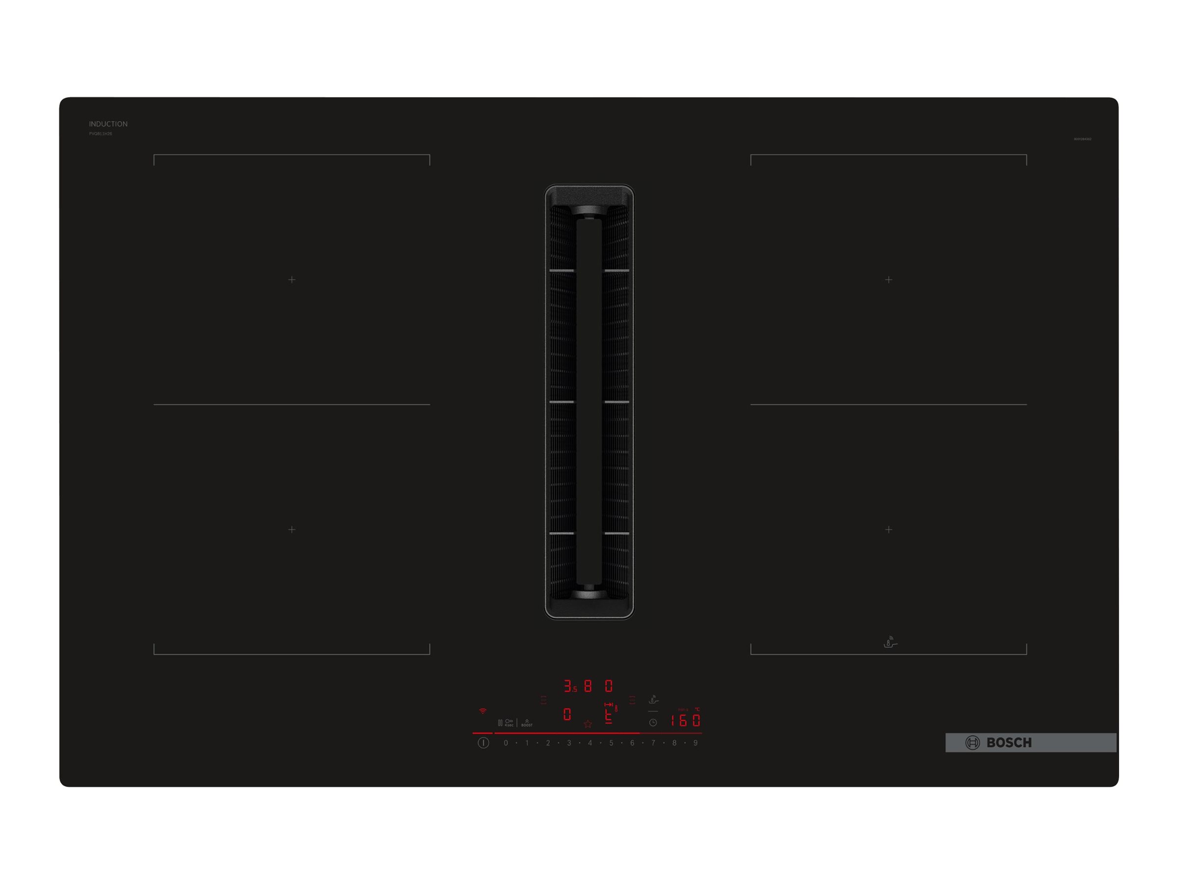 Bosch Serie | 6 PVQ811H26E - Induktions kogeplade - 4 plader - Niche - bredde: 75 cm - dybde: 49 cm - Klasse B - rammeløs - sort med downdraft-udstødning (ekstraktion og gencirkulation med ekstra ekstraktionssæt)