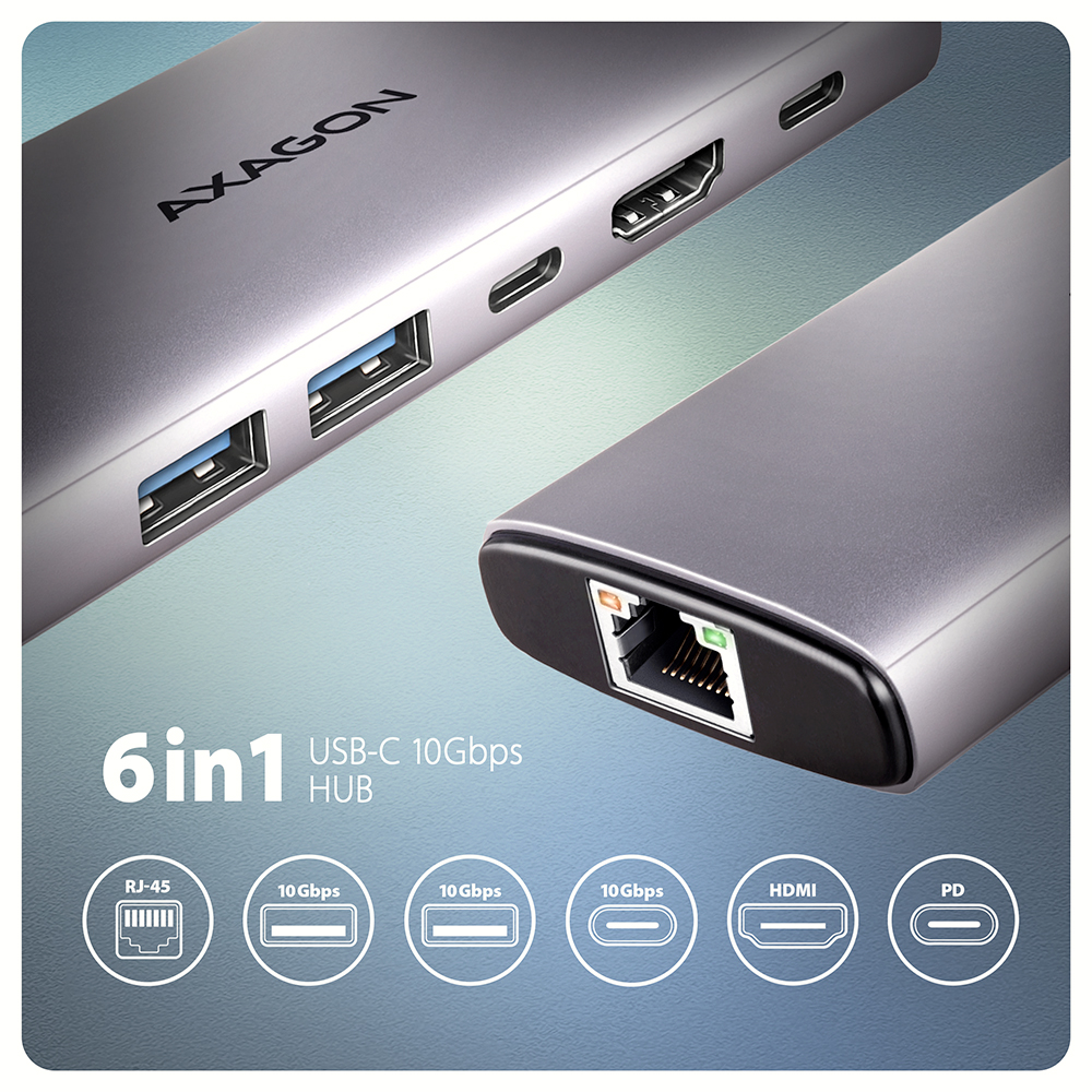 AXAGON Combo 6-in-1 USB-C 10 Gbps HUB USB hub - USB 3.2 - 6 ports - Sølv