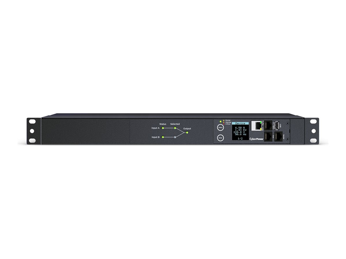 CyberPower Switched ATS PDU44005 - Strømfordelingsenhed (rackversion) - AC 200-240 V - 1-faset - serial, Ethernet - input: 2 x IEC 60320 C20 - output-stikforbindelser: 10 (8 x IEC 60320 C13, 2 x IEC 60320 C19) - 1U - 3.05 m ledning - sort