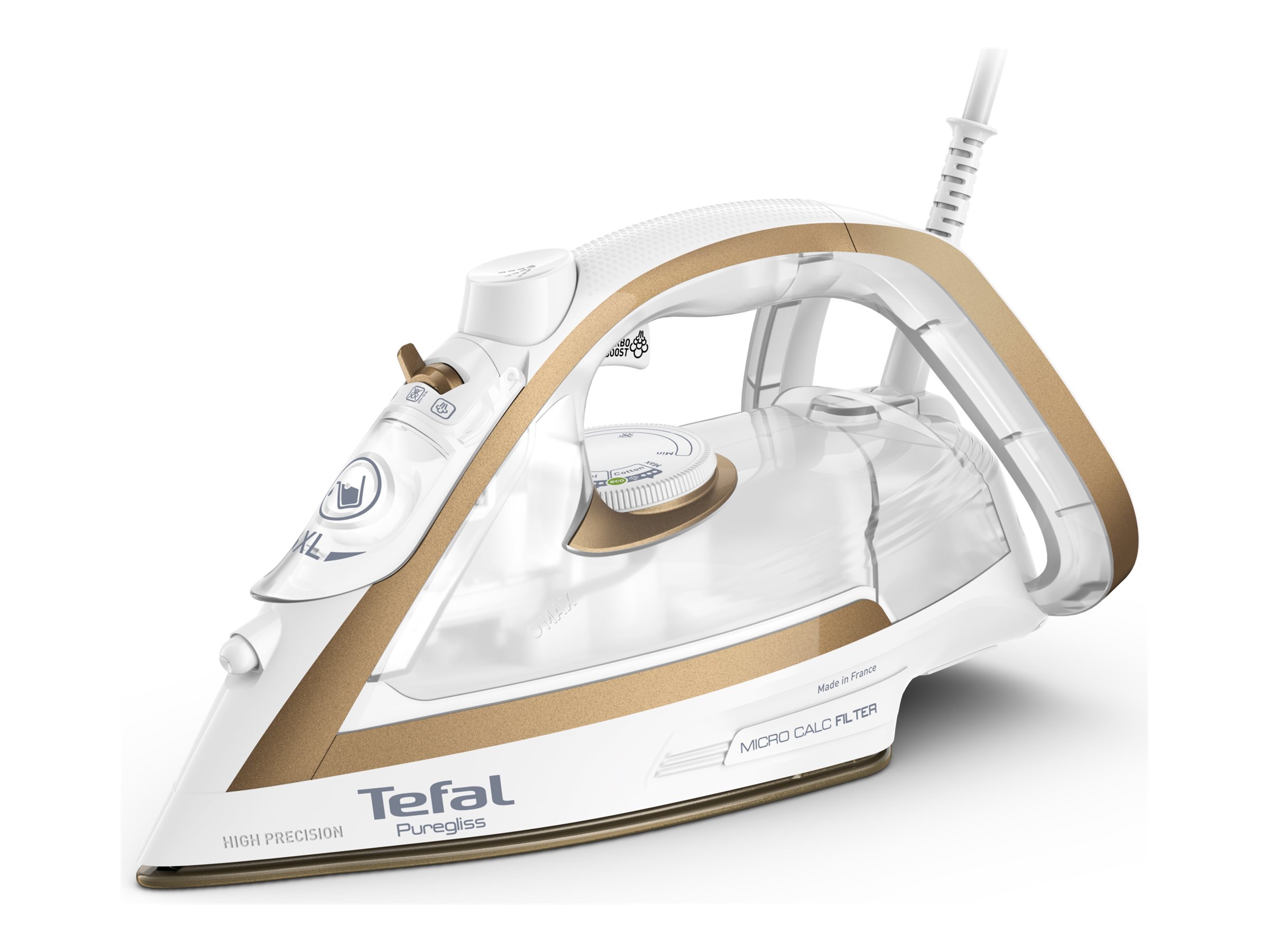 Tefal Puregliss FV8042E0 - Dampstrygejern med automatisk afbrydelse - såleplade: Durilium AirGlide Autoclean - 2900 W - hvid/kobberfarvet
