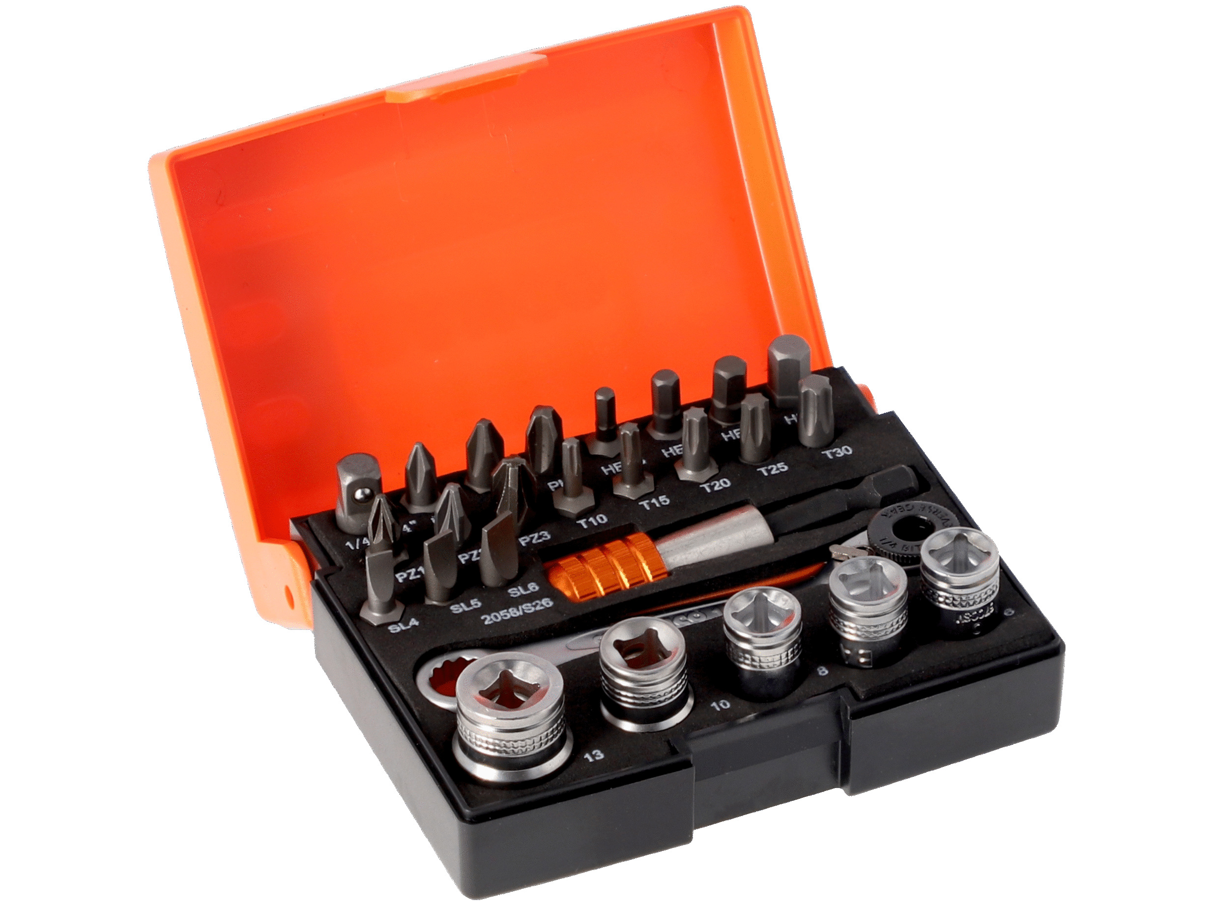 Bahco 2058/S26 Mini top-/bitssæt med 26 dele, indeholder 18 bits, 5 toppe, 1 bitsskralde, 1 adaptor og 1 bitsholder