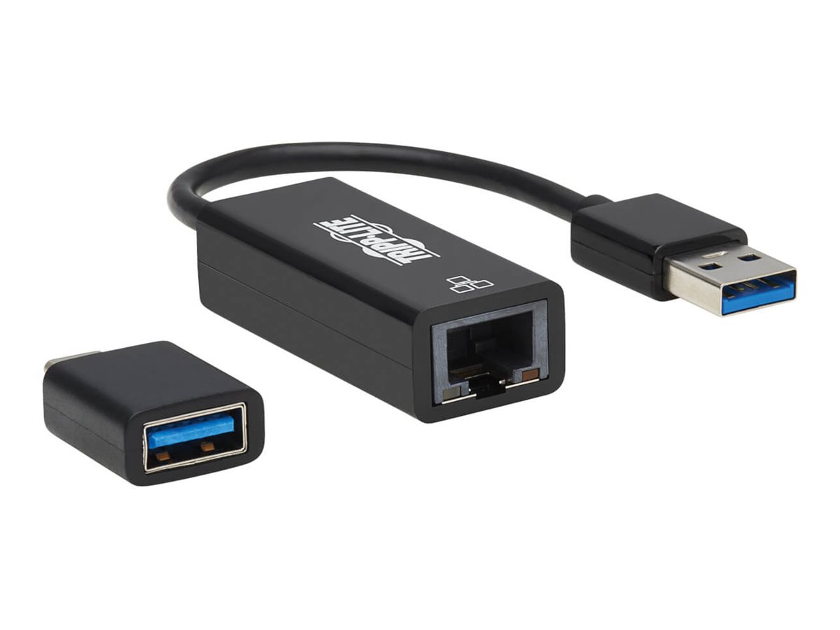 Eaton Tripp Lite Series USB-C, USB-A to RJ45 Gigabit Ethernet Network Adapter (2xM/F), USB 3.2 Gen 1, Black - Netværksadapter - USB-C 3.2 Gen 1 / Thunderbolt 3 - Gigabit Ethernet x 1 - sort