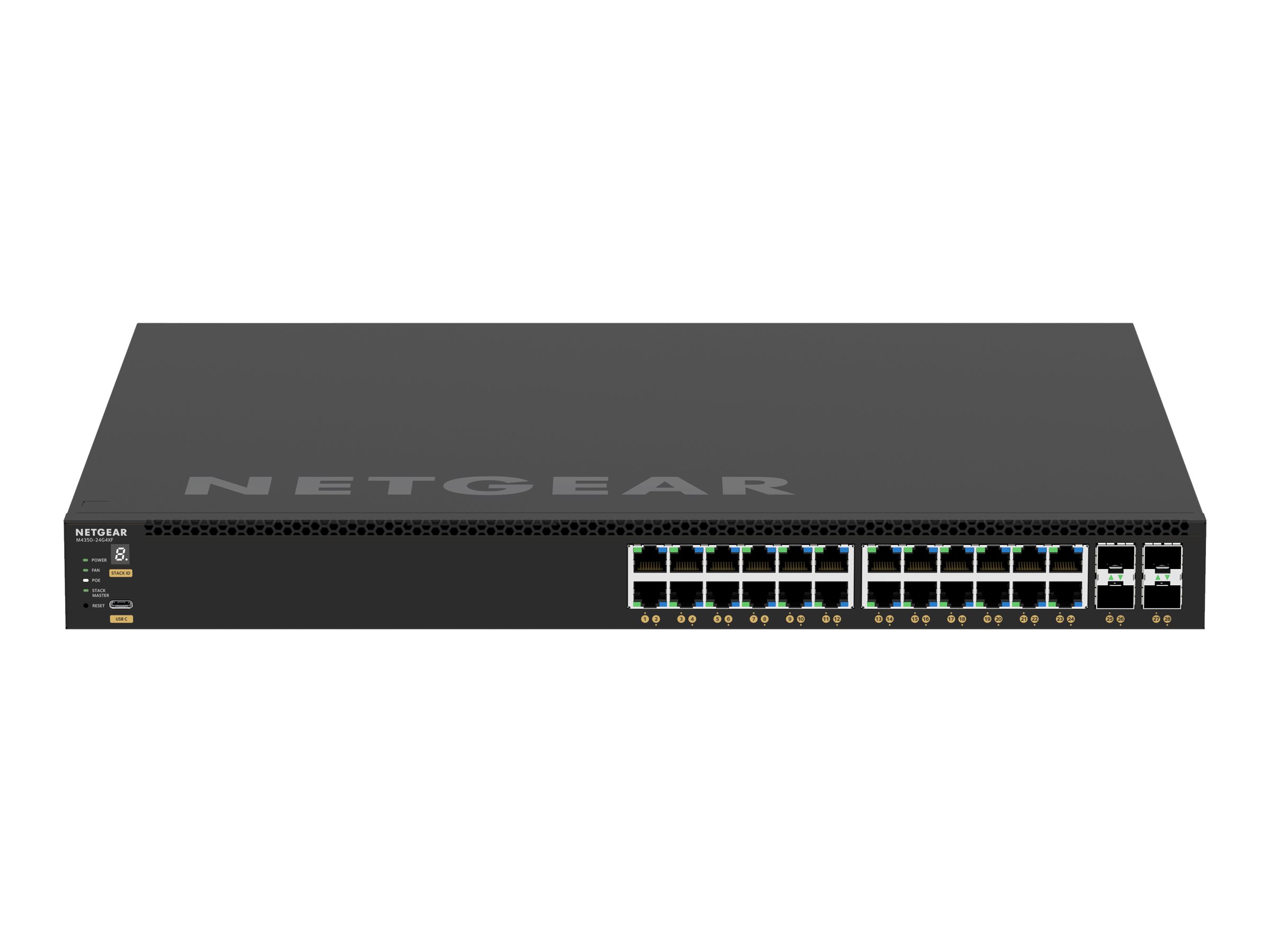 NETGEAR M4350 Series M4350-24G4XF - Switch - L3 - Administreret - 24 x 10/100/1000 (PoE+) + 4 x SFP+ - front til ryg-luftstrøm - monterbar på stativ - PoE+ (720 W)