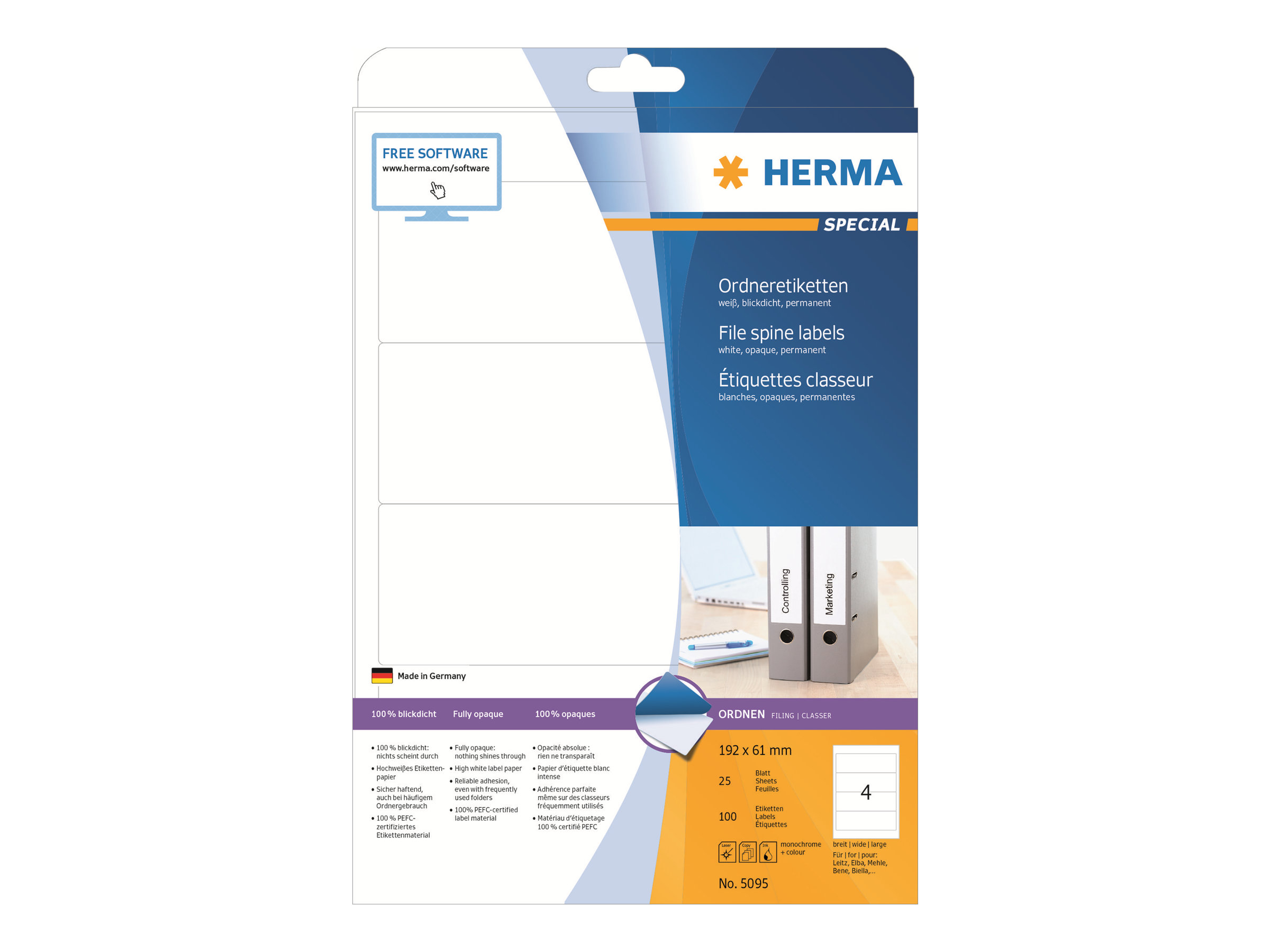 HERMA Special - Papir - mat - permanent selvklæbende - hvid - 192 x 61 mm 100 etikette(r) (25 ark x 4) uigennemsigtige mappemærkater