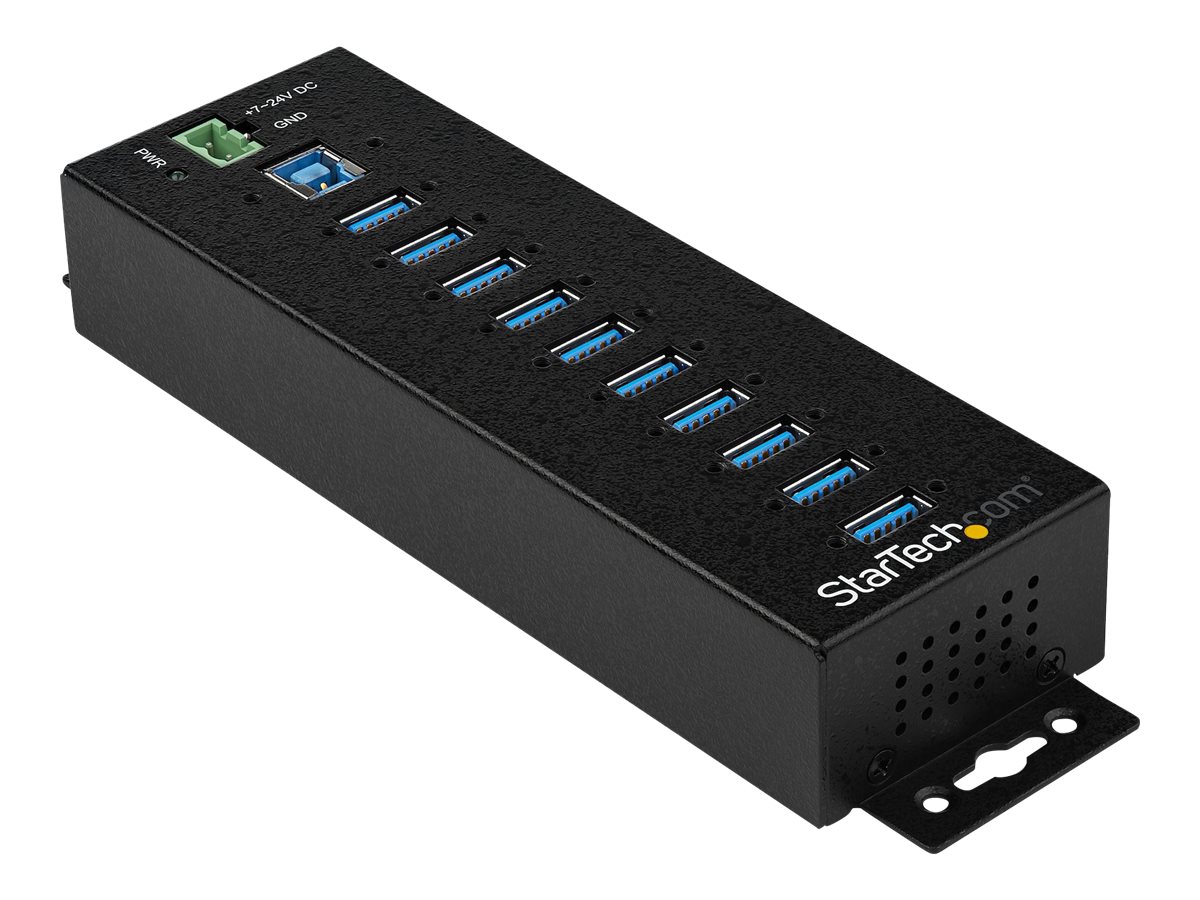 Startech 10 Port USB Hub with Power Adapter, Surge Protection, Metal Industrial USB 3.0 Data Transfer Hub, Din Rail, Wall or Desk Mountable, High Spe