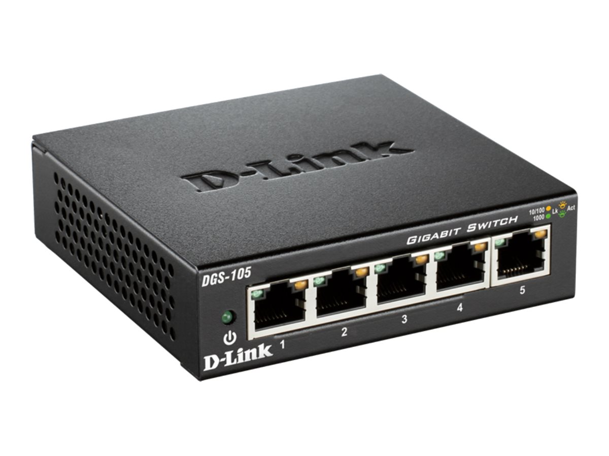 D-Link Gigabit Ethernet Switch, 5x10/100/1000Mbps, metalkabinet, sort