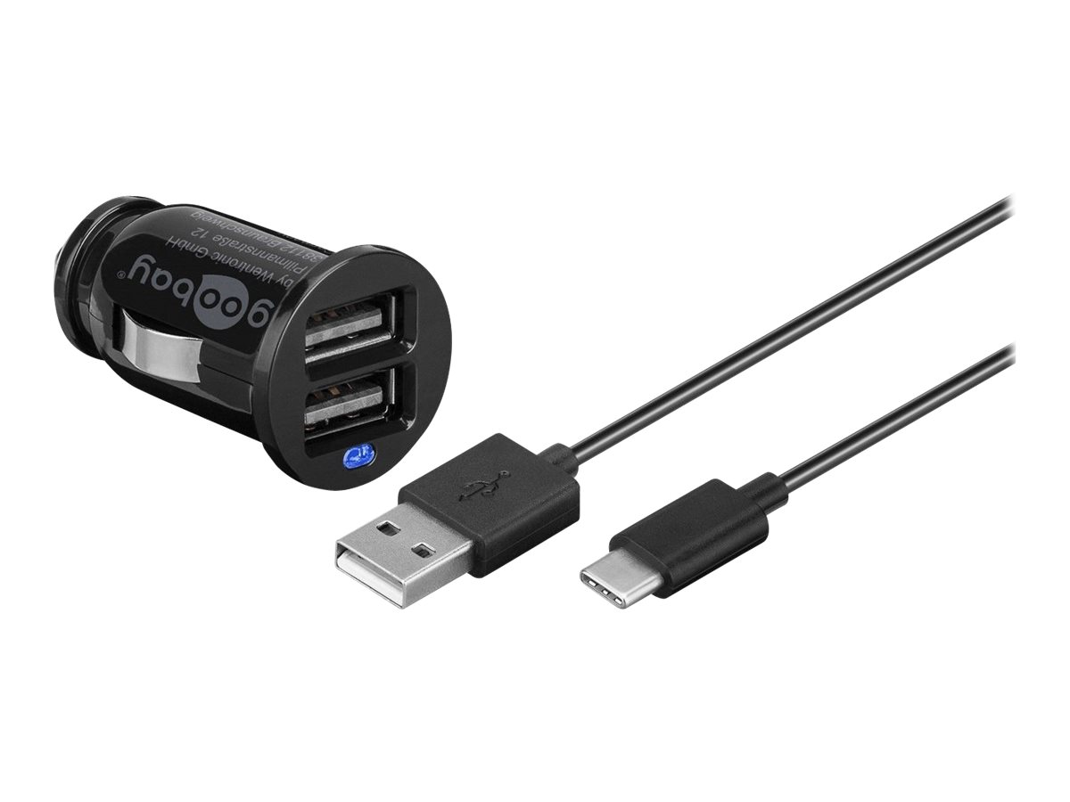 Goobay Dual USB laddare för bil USB-C™, USB-A (12 W) Laddningsadapter för bil med 2x USB-A och USB-C™-kabel 1,0 m (svart)