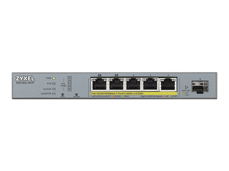 Zyxel GS1350-6HP - Switch - smart - 5 x 10/100/1000 (PoE+) + 1 x Gigabit SFP (uplink) - desktop - PoE+ (60 W)
