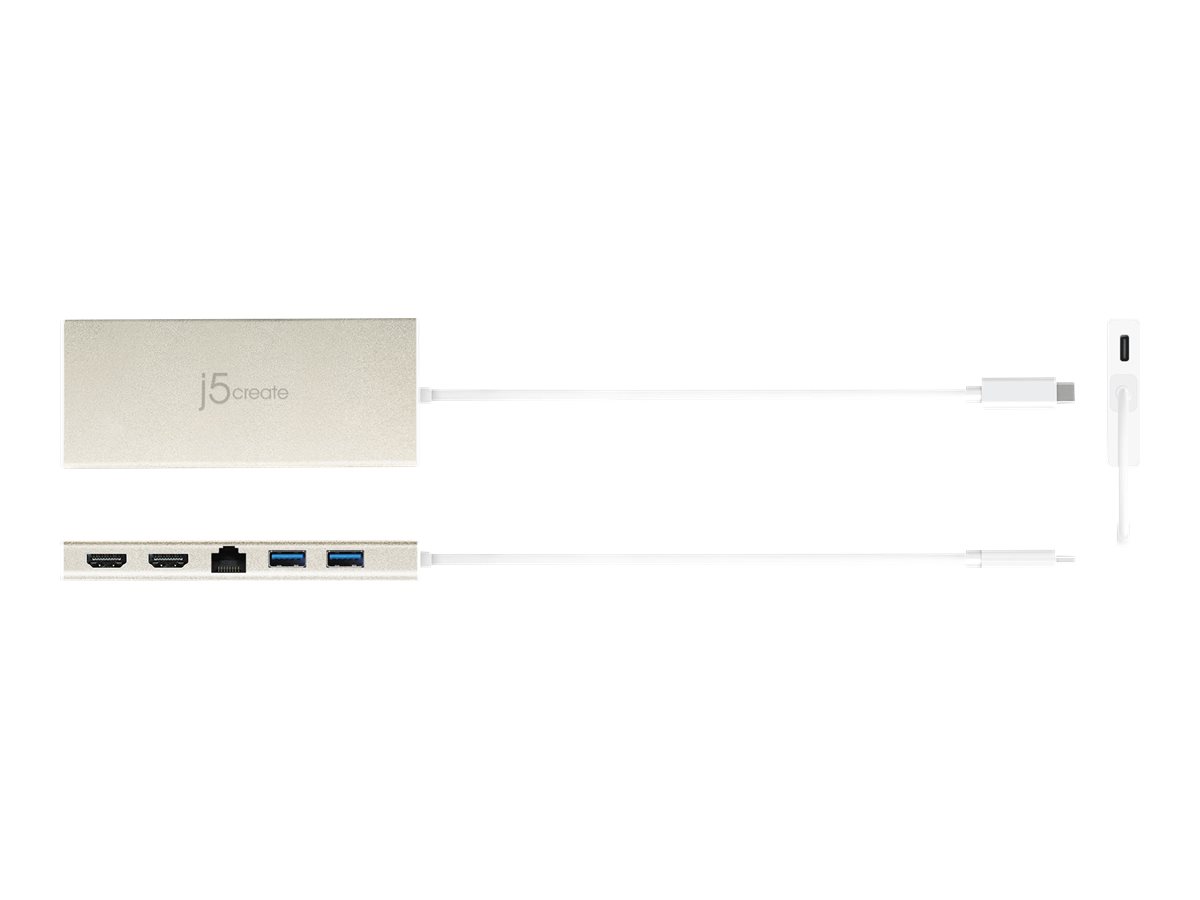 j5create JCD381-N USB Type-C™ mini-dock med to HDMI-stik og Ethernet/USB 3.1 HUB/PD2.0, USB 3.2 Gen 1 (3.1 Gen 1) Type-C, 60 W, 10,100,1000 Mbit/s, Beige, Hvid, 4K Ultra HD, 30 Hz
