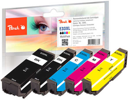 Peach E33XL blækpatron multipack – 5 stk, høj kapacitet (sort, cyan, magenta, gul) til Epson