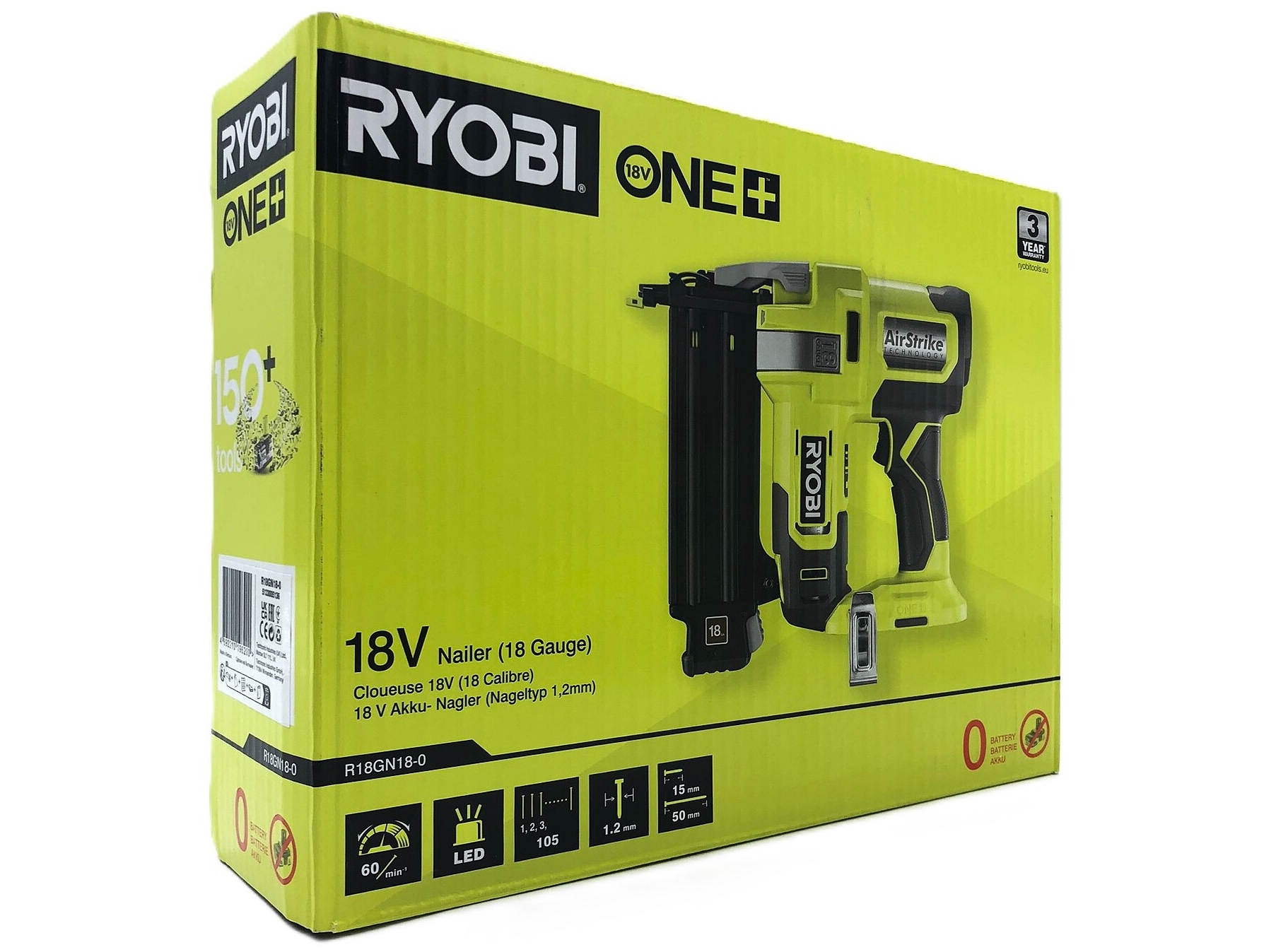 Ryobi R18GN18-0, Hæftepistol, Lige magasin, Sort, Lysegrøn, 1,5 cm, 5 cm, 85,5 dB