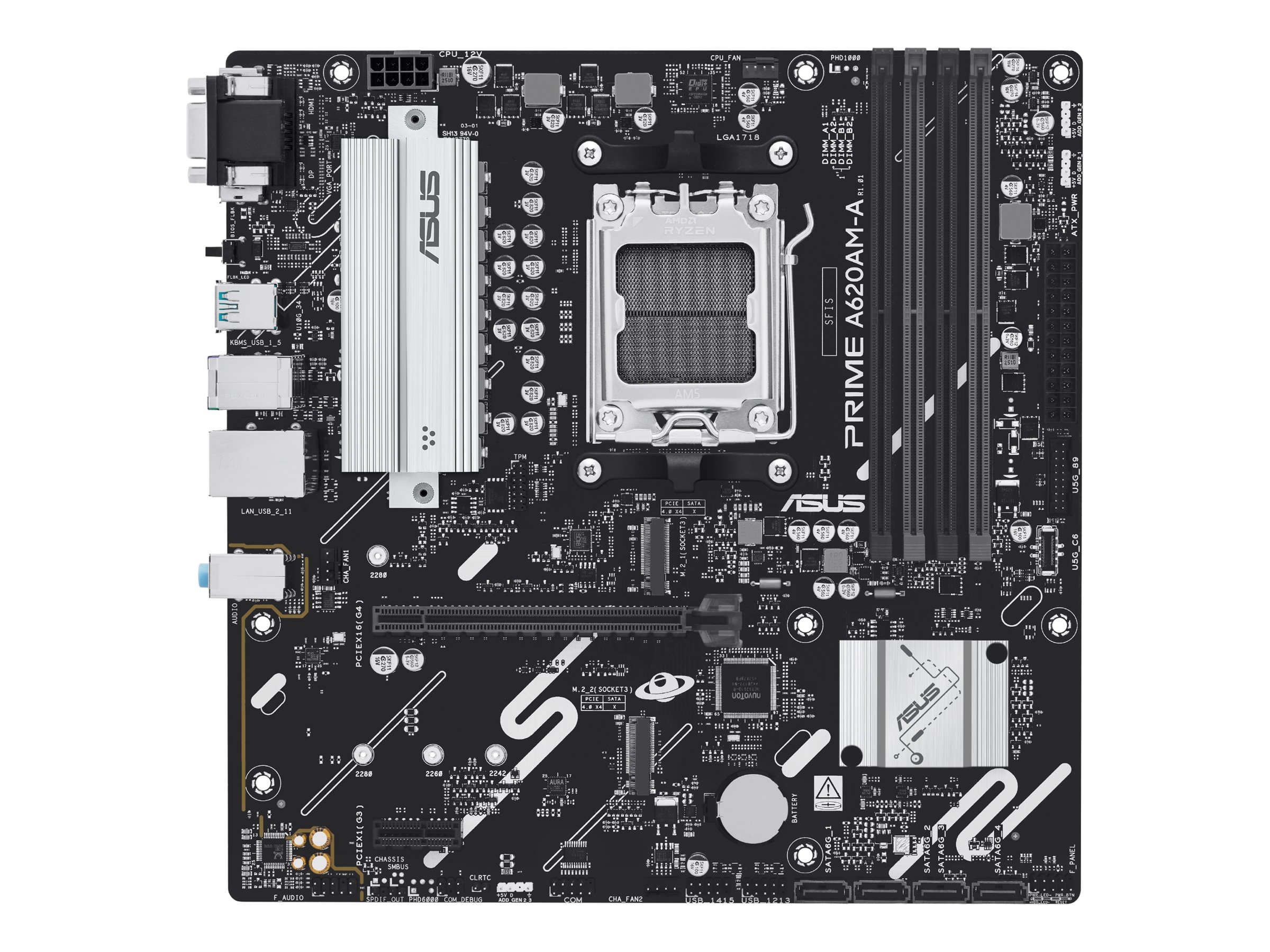 ASUS PRIME A620AM-A-CSM - Bundkort - micro ATX - Socket AM5 - AMD A620A Chipset - USB-C 3.2 Gen 1, USB 3.2 Gen 1, USB 3.2 Gen 2 - Gigabit LAN - onboard grafik (CPU påkrævet) - HD Audio (8-kanaler)