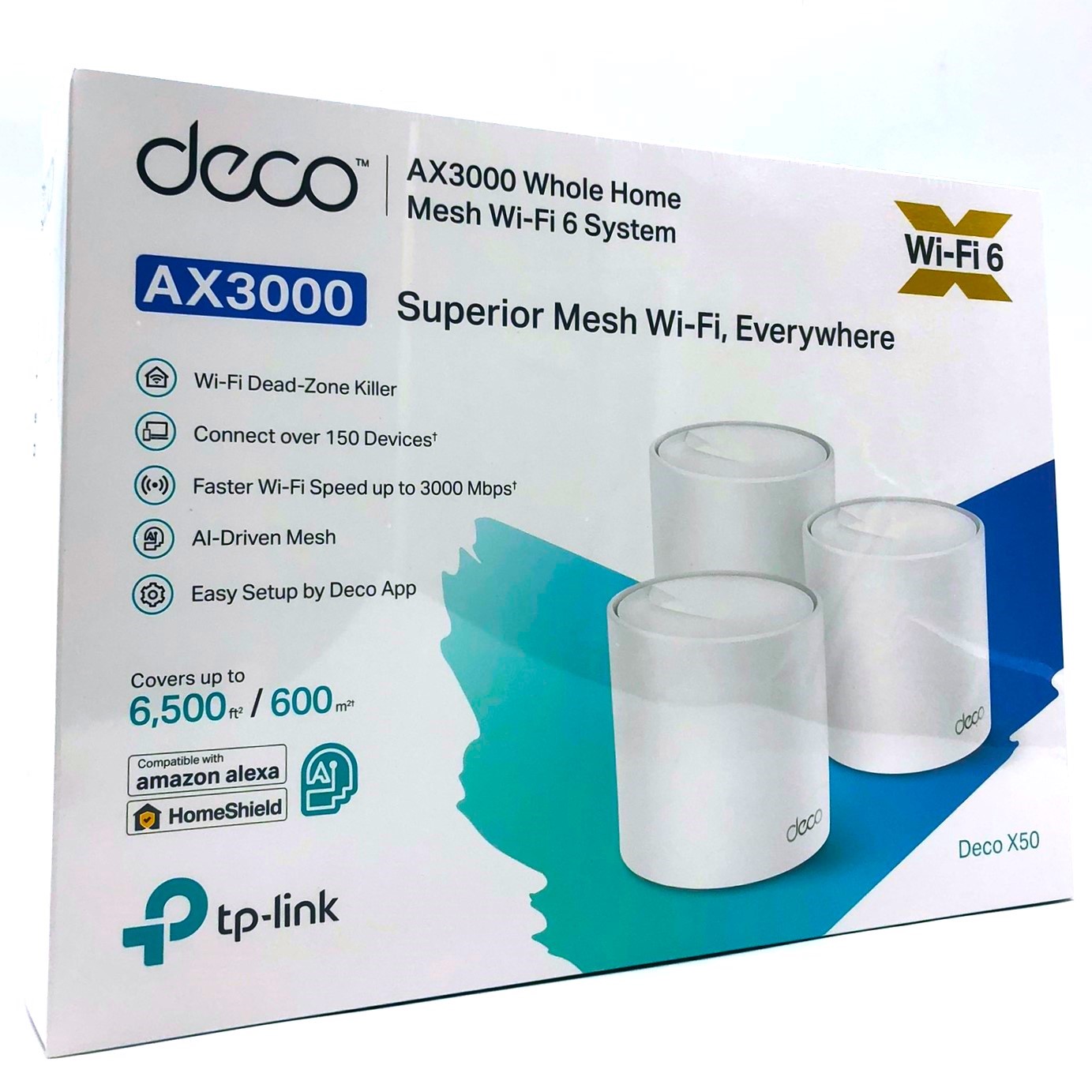 TP-Link Deco X50 (3-pack), Hvid, Intern, CE: <20 dBm (2.4 GHz) <23 dBm (5 GHz) FCC: <30 dBm (2.4 GHz) <30 dBm (5 GHz), Dual-band (2,4 GHz / 5 GHz), Wi-Fi 6 (802.11ax), 802.11a, 802.11b, 802.11g, Wi-Fi 4 (802.11n), Wi-Fi 5 (802.11ac), Wi-Fi 6 (802.11ax)