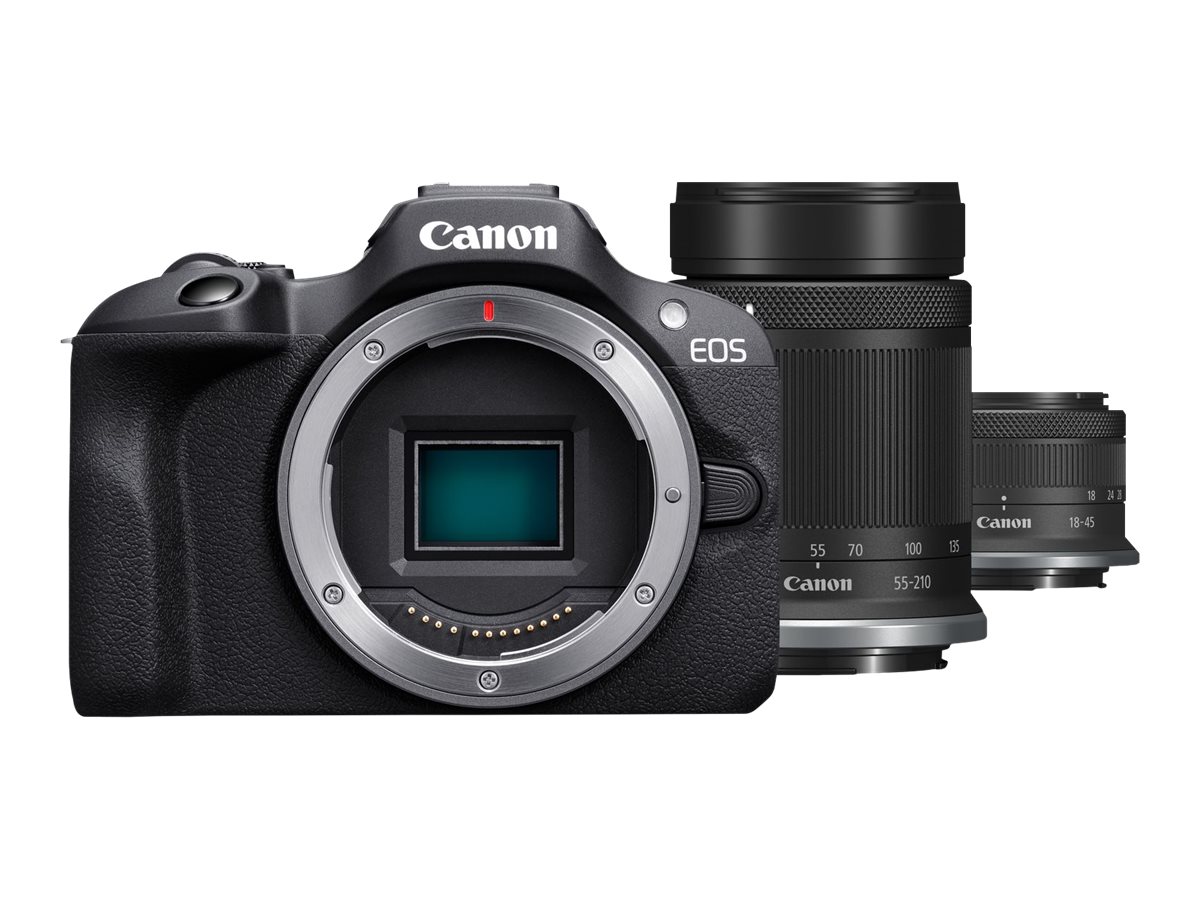 Canon EOS R100 - Digitalkamera - spejlløst - 24.1 MP - APS-C - 4K / 29.97 fps - 2.5x optisk zoom RF-S 18-45 mm F4.5-6.3 IS STM objektiv, 55-210 mm F5.0-7.1 IS STM objektiv - Wi-Fi, Bluetooth - sort