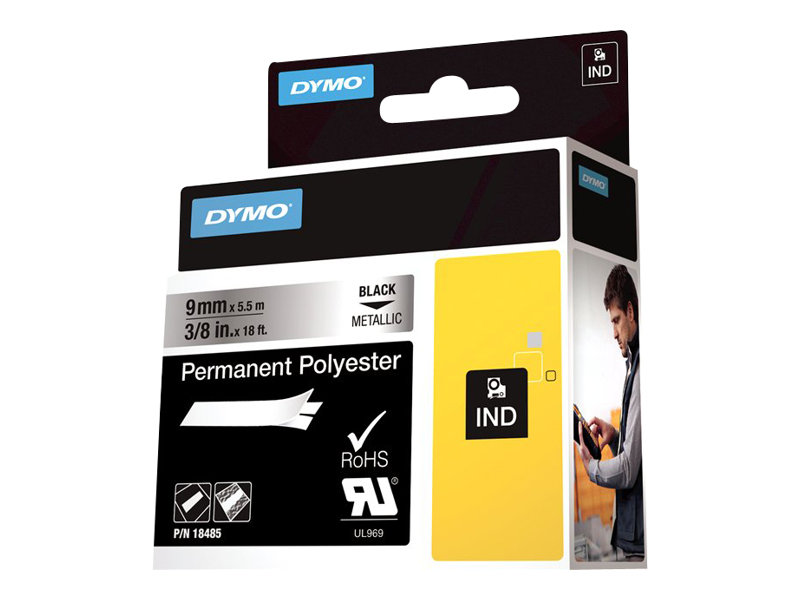 Dymo Tape Rhinopro Permanent Polyesterester 9mm Sort/metallisk