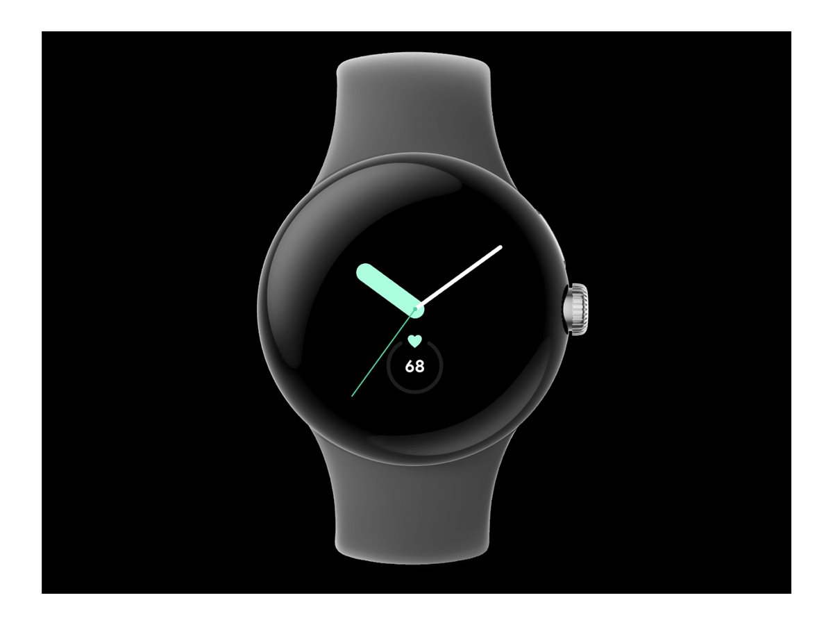 Google Pixel Watch - 41 mm - poleret sølv - smart ur med aktivt bånd - fluoroelastomer - trækul - båndstørrelse: L - 32 GB - Wi-Fi, LTE, NFC, Bluetooth - 4G - 36 g