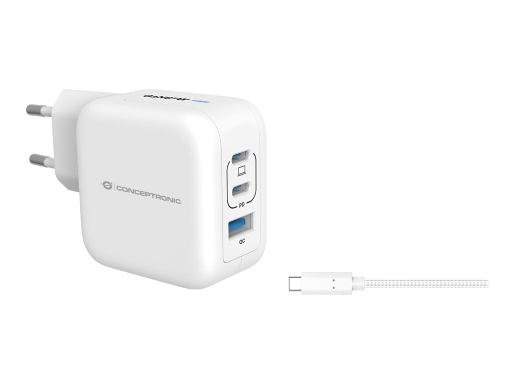 Conceptronic 3‑ports GaN vægoplader - 2x USB‑C + 1x USB‑A, 67 W, PD 3.0/PPS - hvid