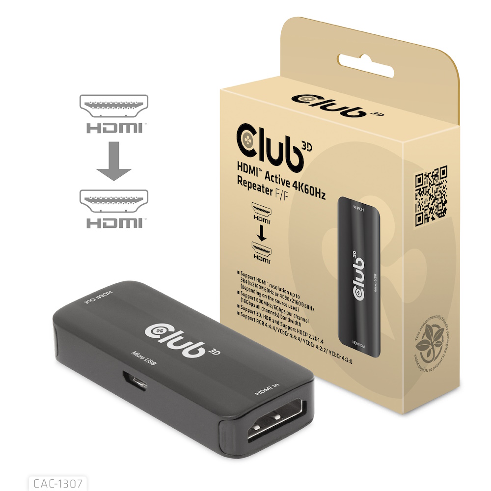 Club3D Active HDMI hun Repeater 4K 60Hz Signalforstækning op til 40 m
