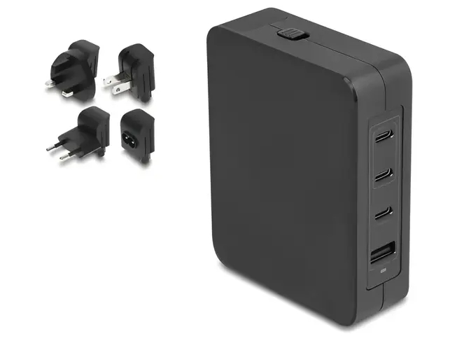 Delock - Strømforsyningsadapter - GaN, 3 x USB-C PD 3.1 og 1 x USB-A med 145W strømforsyning EU/US/UK - AC 100-240 V - 145 Watt - output-stikforbindelser: 4 - sort