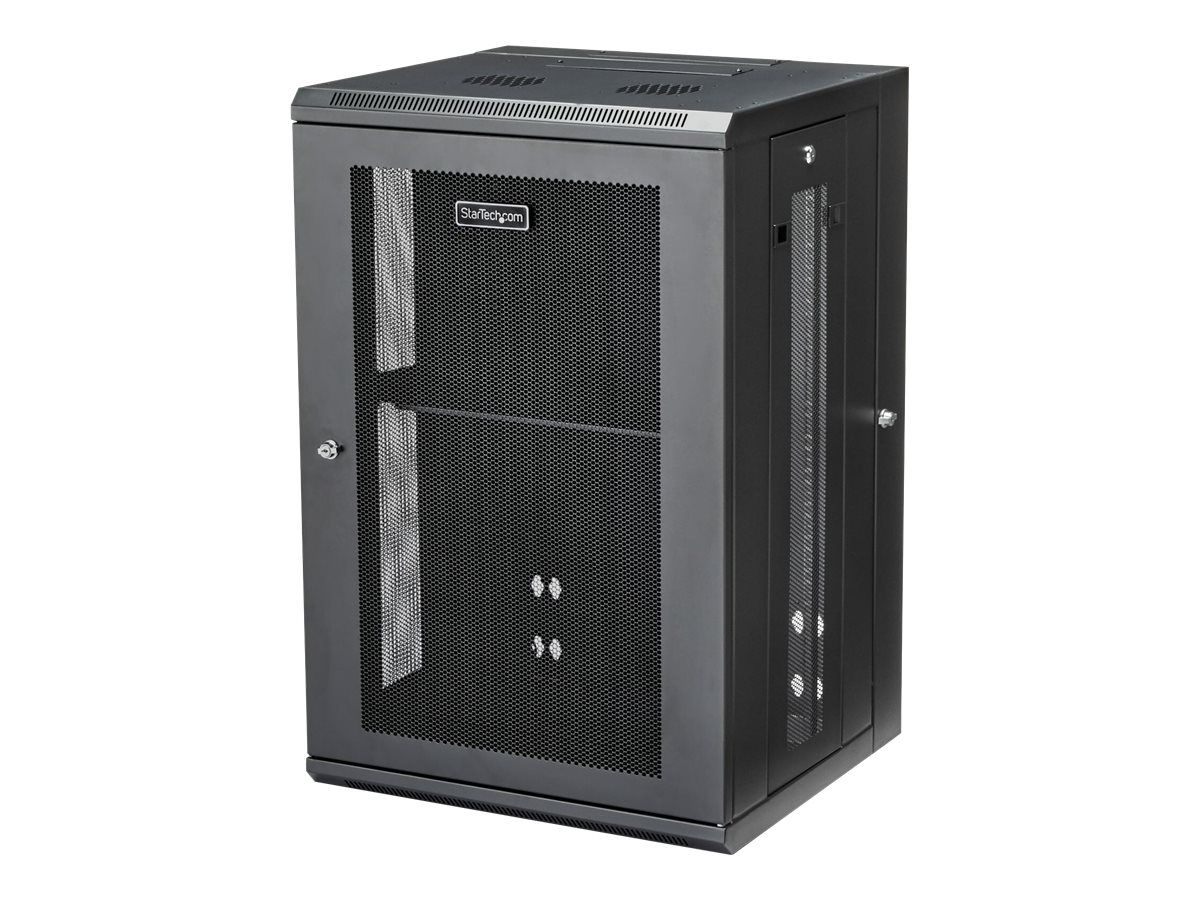 Startech 18U 19 Wall Mount Network Cabinet, 16 Deep Hinged Locking IT Network Switch Depth Enclosure, Assembled Vented Computer Equipment Data Rack with Shelf & Flexible Side Panels - 18U Vented Cabinet (RK1820WALHM) - Stativindelukkekabinet - vægmonterbar - sort - 18U