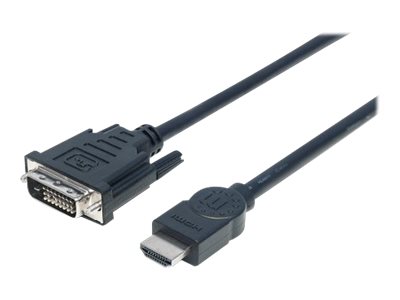 Manhattan HDMI to DVI-D 24+1 Cable, 3m, Male to Male, Black, Dual Link, Compatible with DVD-D, Lifetime Warranty, Polybag Videoadapterkabel 3m Sort