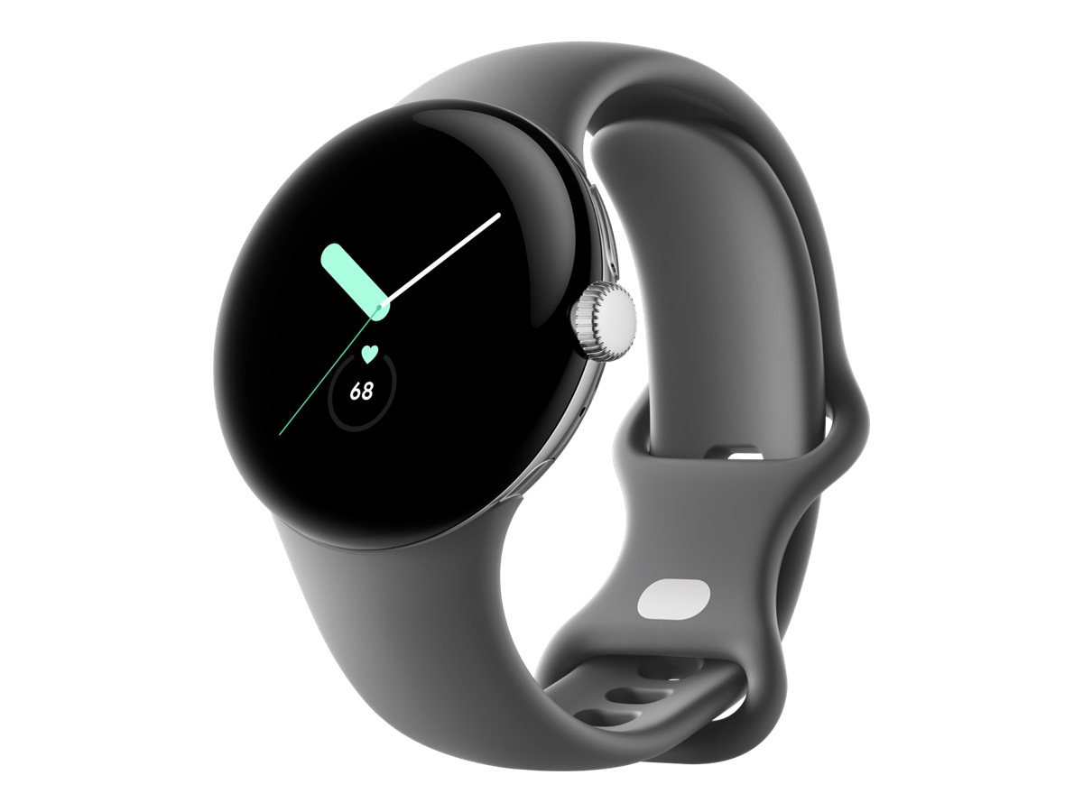Google Pixel Watch - Poleret sølv - smart ur med bånd - fluoroelastomer - trækul - båndstørrelse: L - 32 GB - Wi-Fi, NFC, Bluetooth - 36 g