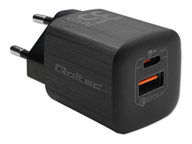Vægoplader med hurtigopladning Qoltec 35 W - USB-C PD 3.0 + USB-A QC, sort