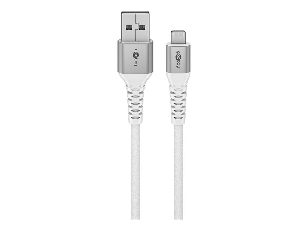 Goobay Lightning-USB-A supersoft textilkabel med metallkontakter, 2 m, vit MFi-certifierad, elegant och extra robust laddnings- och synkroniseringskabel för Apple iPhone/iPad (vit)